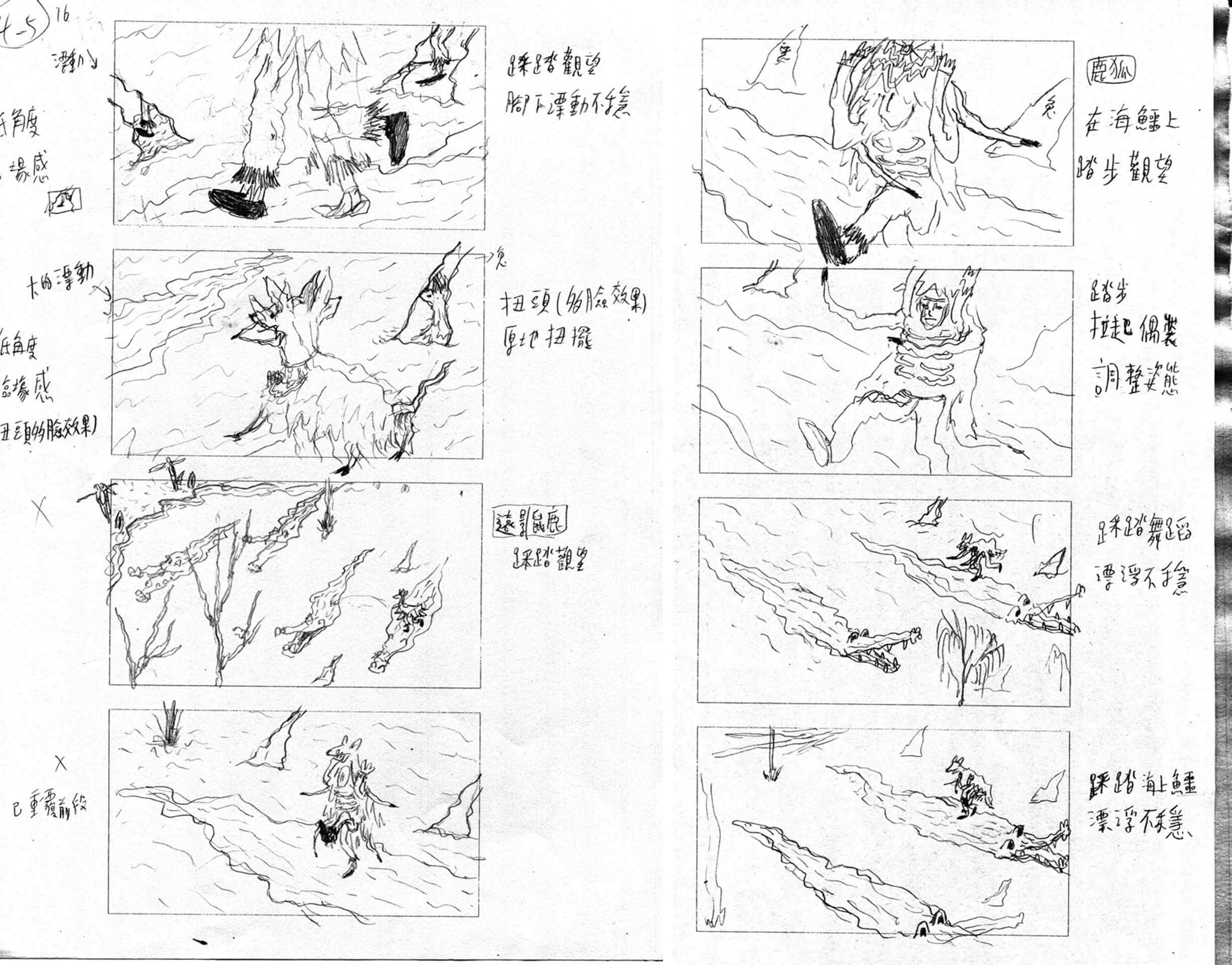 《熱帶複眼》的分鏡表中呈現鱷魚在水裡游泳的畫面，每個影像橋段都需與工作團隊進行材質上的討論與測試。（張徐展提供）