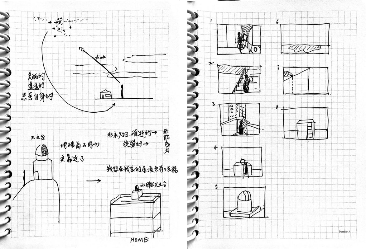 在《在屋頂融化的天文台》手稿中，陳姿尹以分鏡方式描繪冰塊天文臺融化場景。（陽春麵研究舍提供）