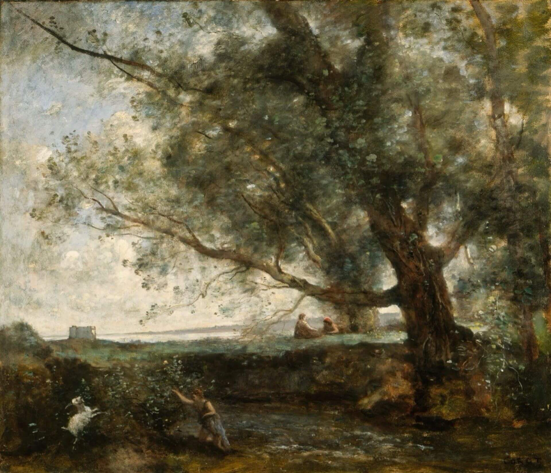 尚-巴蒂斯特・卡密爾・柯洛（Jean-Baptiste-Camille Corot），《阿卡迪亞的牧羊人》（Shepherds of Arcadia），約1872年，油彩畫布，78.7 × 90.5 公分，巴爾的摩美術館藏。（google…