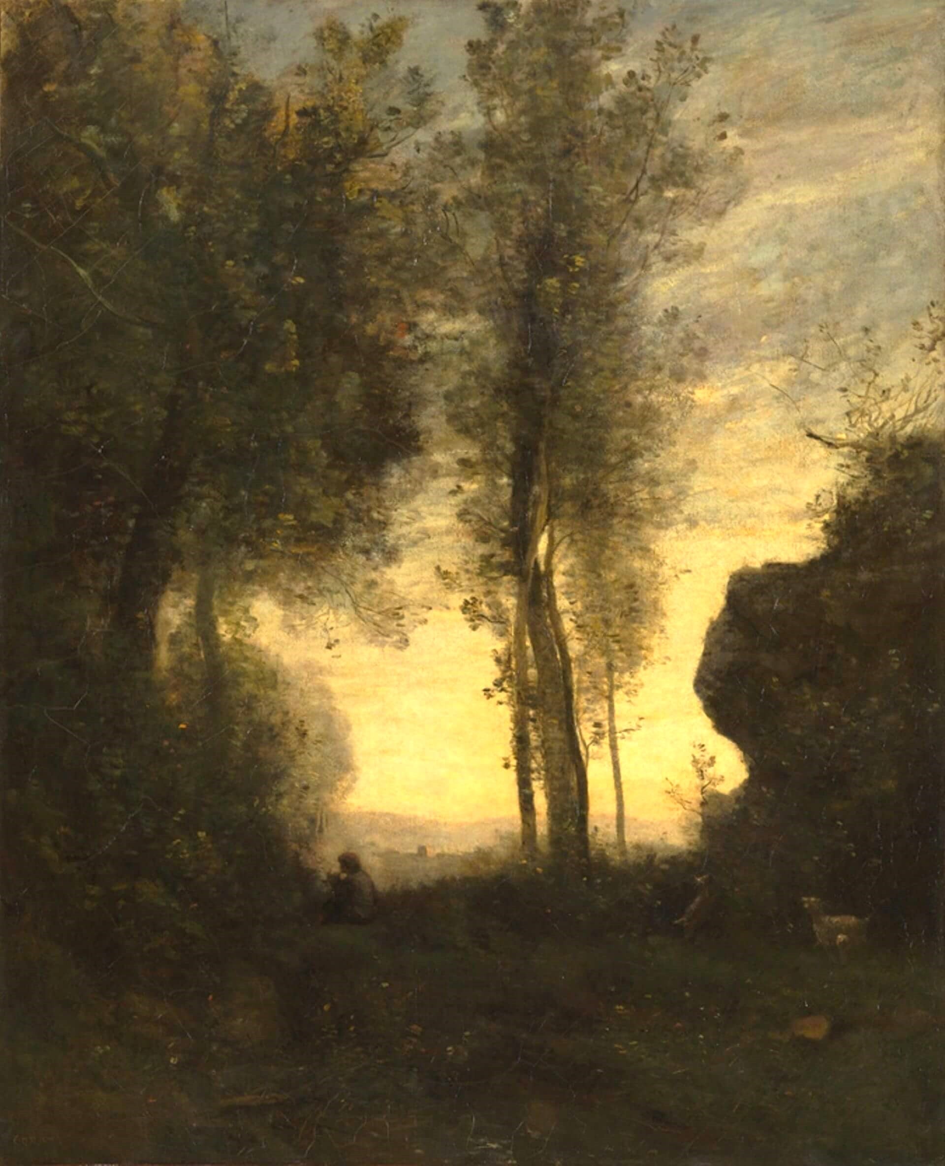 尚-巴蒂斯特・卡密爾・柯洛（Jean-Baptiste-Camille Corot），《坐在林間空地吹笛的牧羊人》（Chevrier Assis, Jouant de la Flûte dans une Clairière），1856–57…