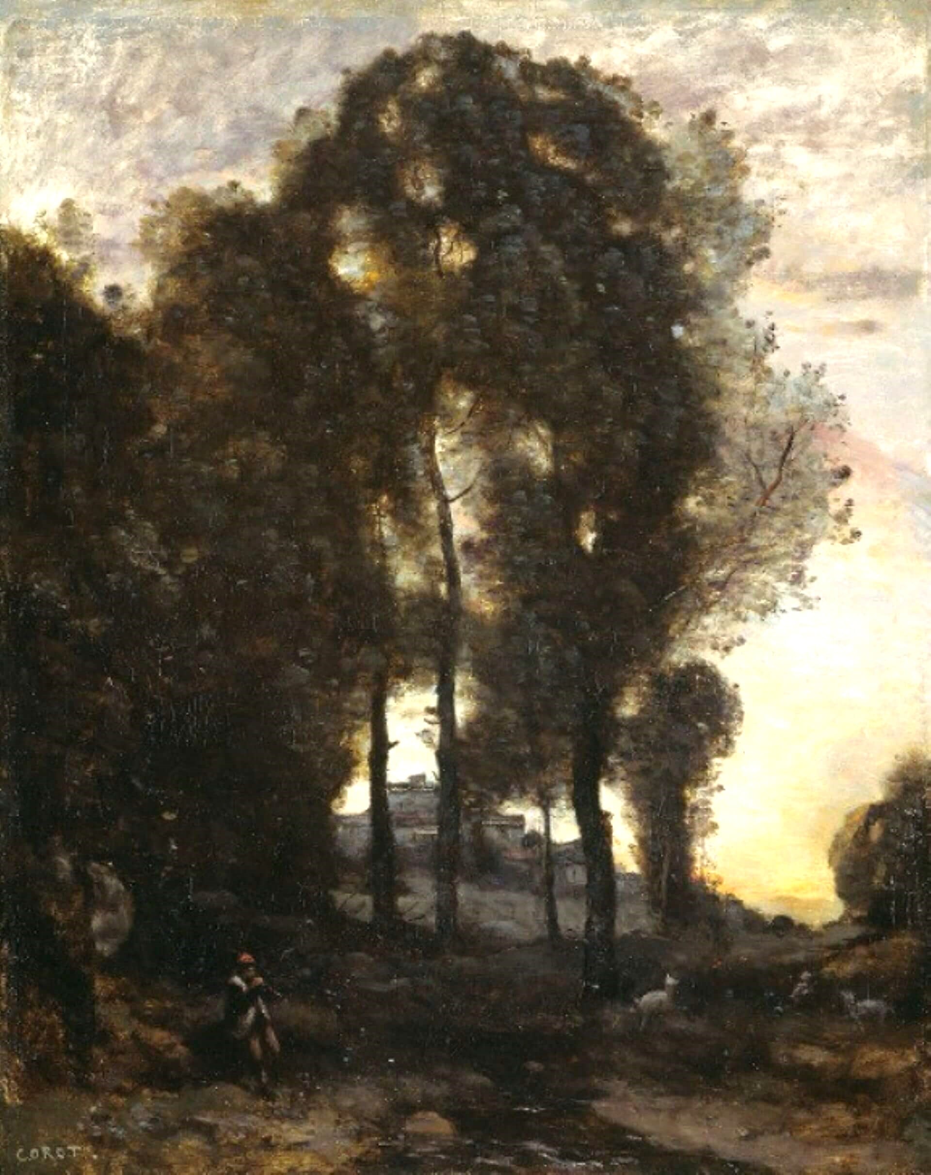 尚-巴蒂斯特・卡密爾・柯洛（Jean-Baptiste-Camille Corot），《義大利的回憶》（Souvenir of Italy），1855–60年，油彩畫布，82.6 × 66.4公分，芝加哥藝術博物館藏。（維基百科）