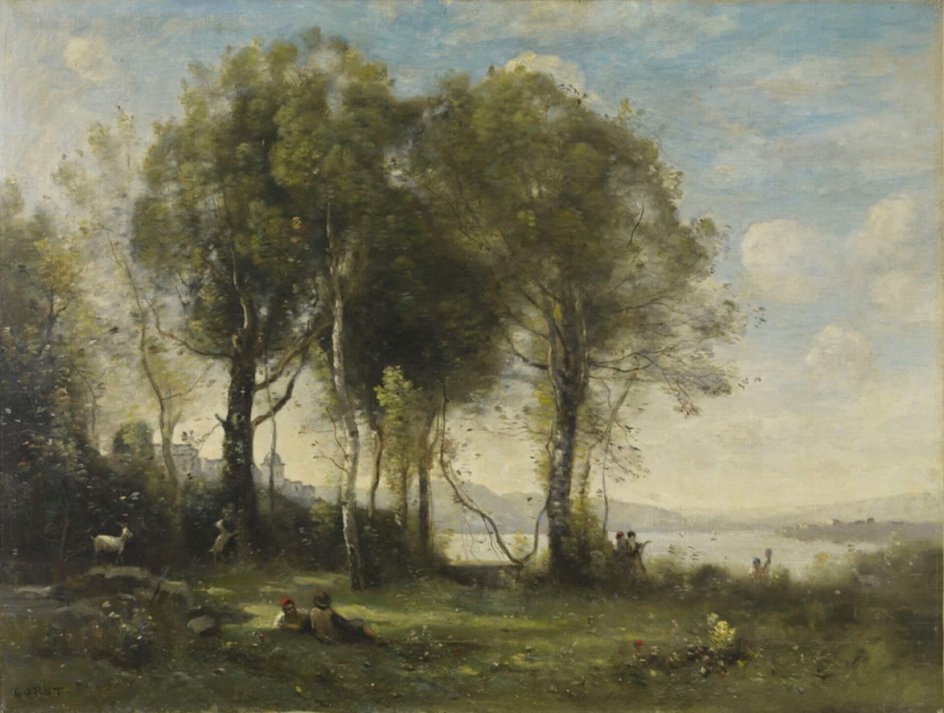 尚-巴蒂斯特・卡密爾・柯洛（Jean-Baptiste-Camille Corot），《波羅米尼群島的牧羊人》（Les Chevriers des Iles Borromées），1866年，油彩畫布，59 × 78公分，奧賽美術館藏。（©…