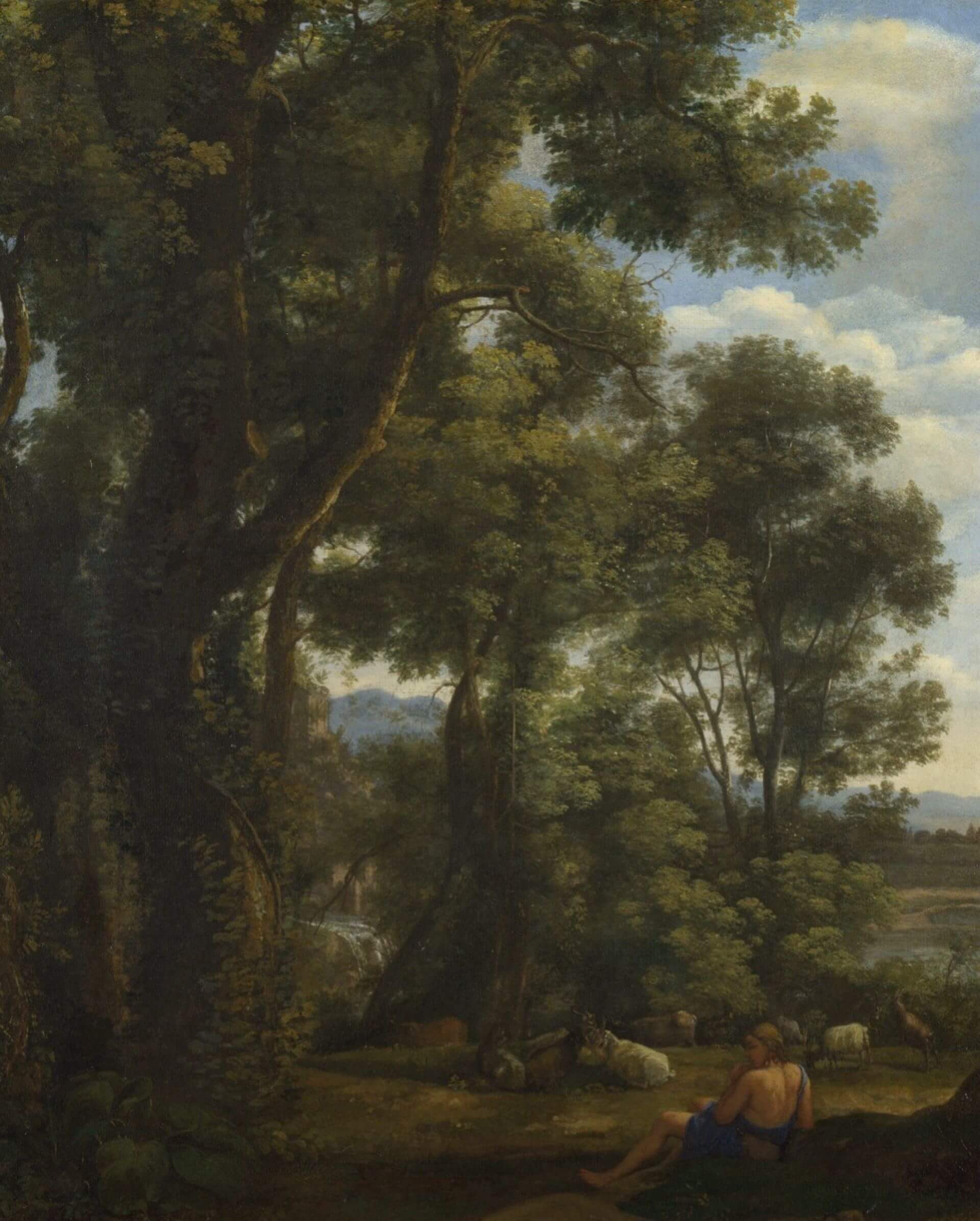 克勞德・洛蘭（Claude Lorrain），《牧羊人和山羊》（Landscape with a Goatherd and Goats），約1636–37 年，油彩畫布，52 × 42 公分，倫敦國家美術館藏。（維基百科）