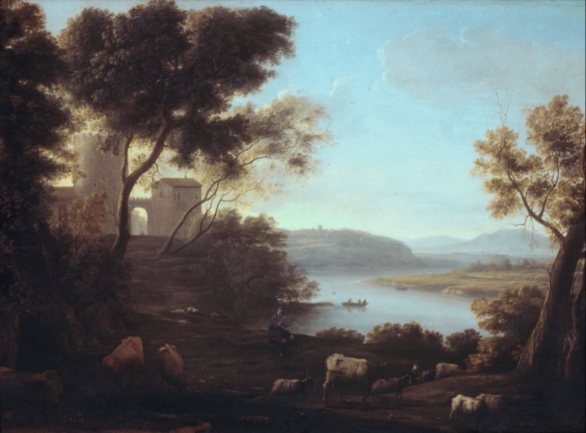 克勞德・洛蘭（Claude Lorrain），《羅馬鄉間的田園風景》（Pastoral Landscape: The Roman Campagna），約1639 年，油彩畫布，101.6 × 135.9公分，大都會藝術博物館藏。（維基百科）