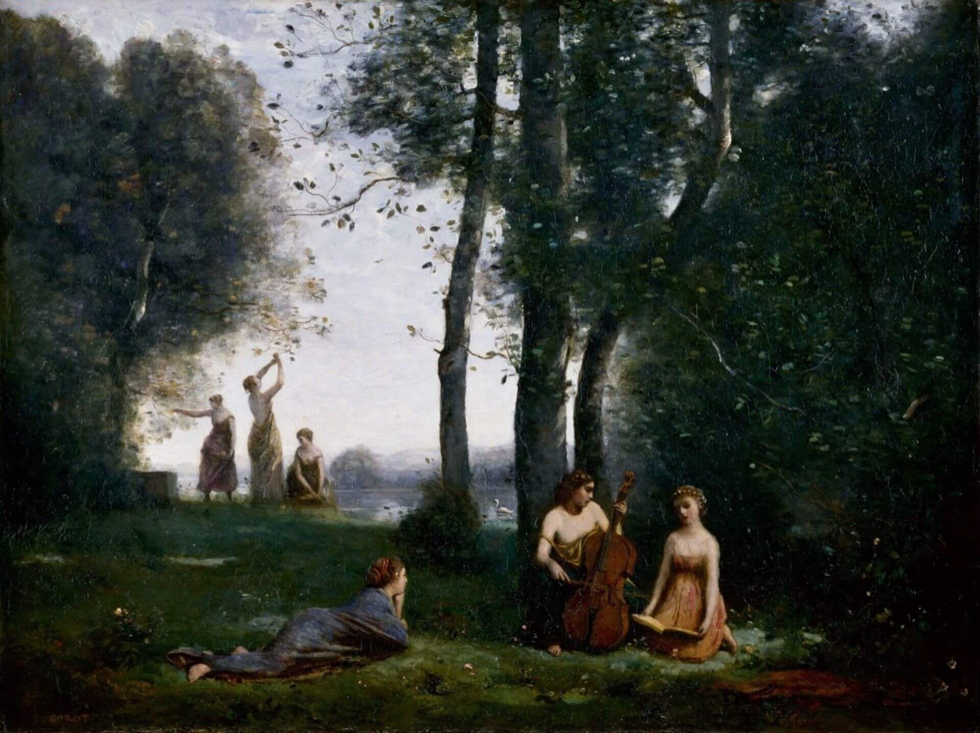 尚-巴蒂斯特・卡密爾・柯洛（Jean-Baptiste-Camille Corot），《田園音樂會》（Le Concert Champêtre），1857年，油彩畫布，98 × 130 公分，孔代博物館。（維基百科）