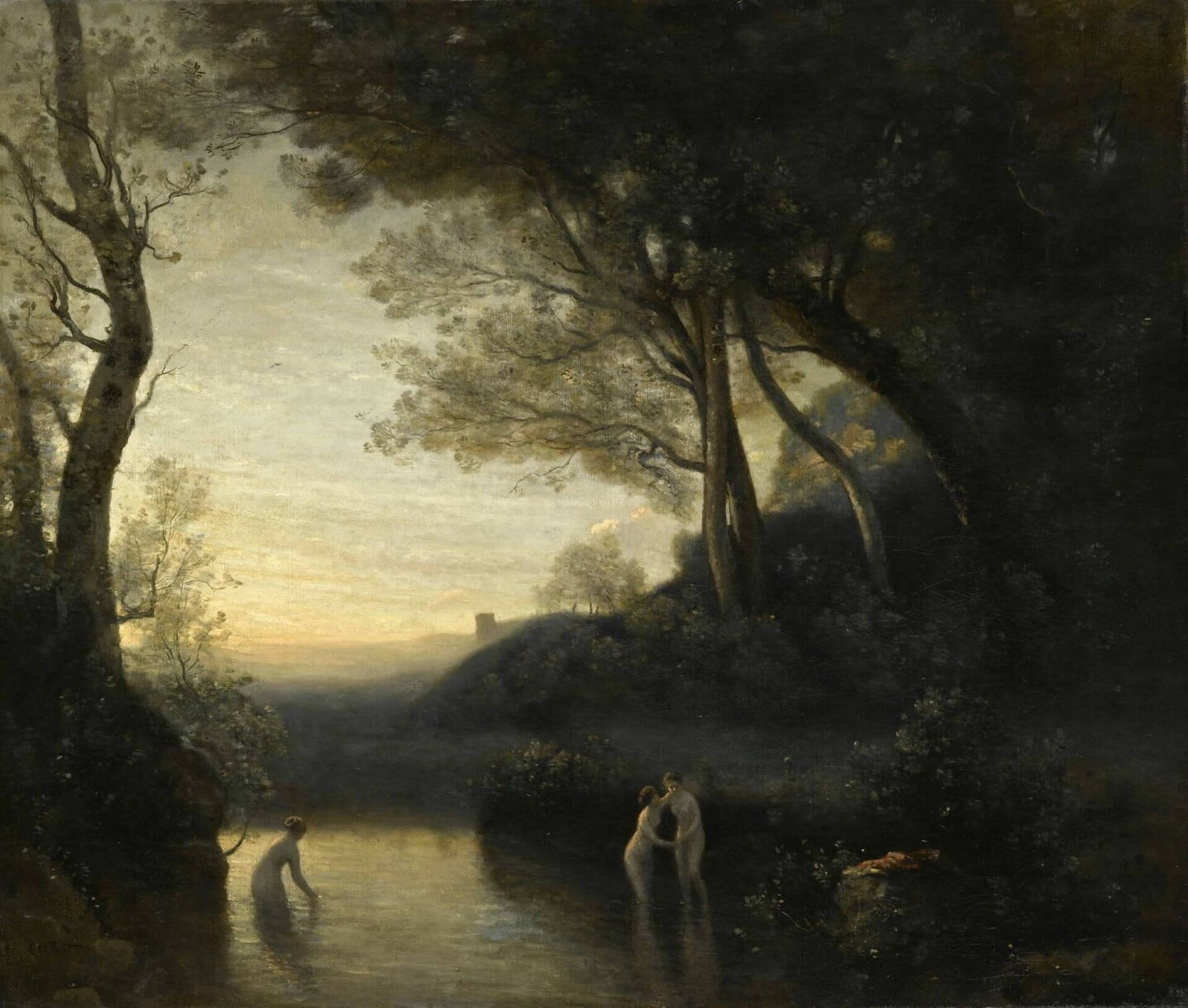尚-巴蒂斯特・卡密爾・柯洛（Jean-Baptiste-Camille Corot），《黛安娜的沐浴》（The Bath of Diana），約1855年，油彩畫布，65 × 90公分，達拉斯美術館藏。（維基百科）