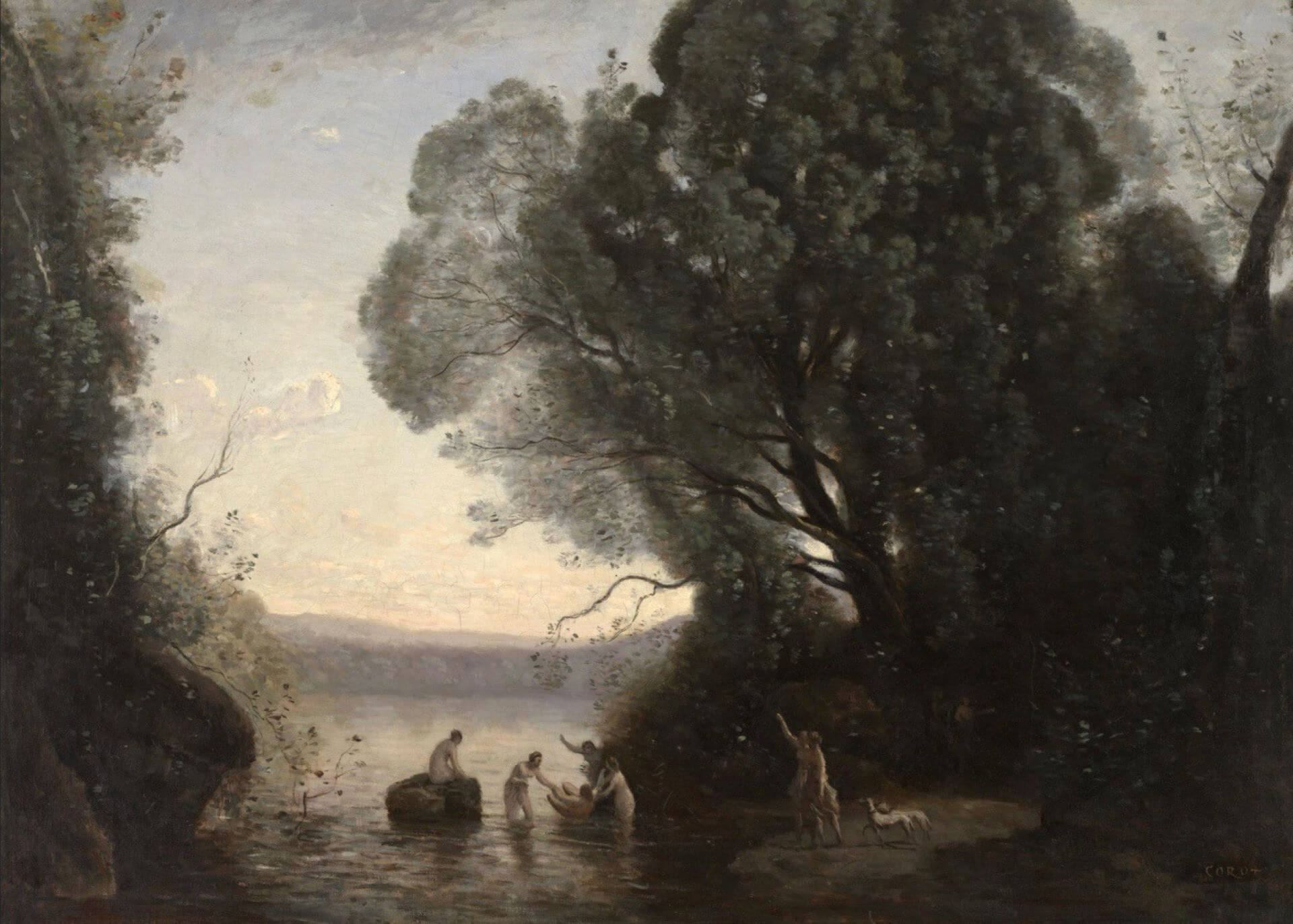 尚-巴蒂斯特・卡密爾・柯洛（Jean-Baptiste-Camille Corot），《貝林佐納黃昏中的浴者》（The Bathers at Bellinzona, Evening），約1855年，油彩畫布，81 × 94公分，羅浮宮博物館…