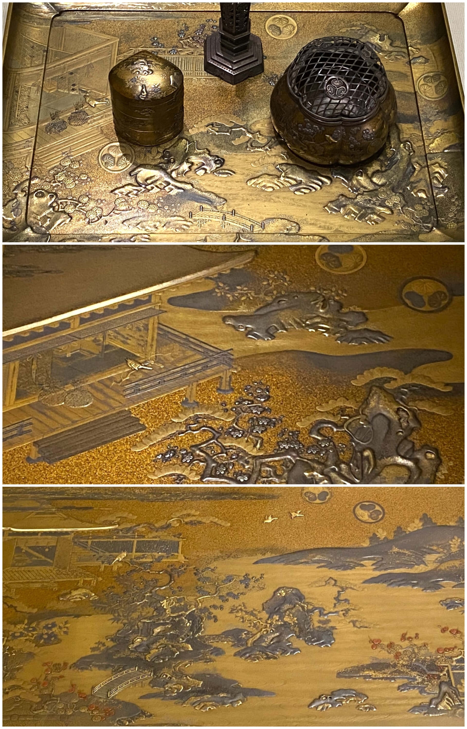 圖21 上至中《初音蒔繪料紙箱》蓋面（局部）、《初音蒔繪香盆》可見殿前迴廊繪有松枝、 鶯鳥及鬚籠之圖案。下《初音蒔繪文台》（局部）。（攝影／顏子軒）