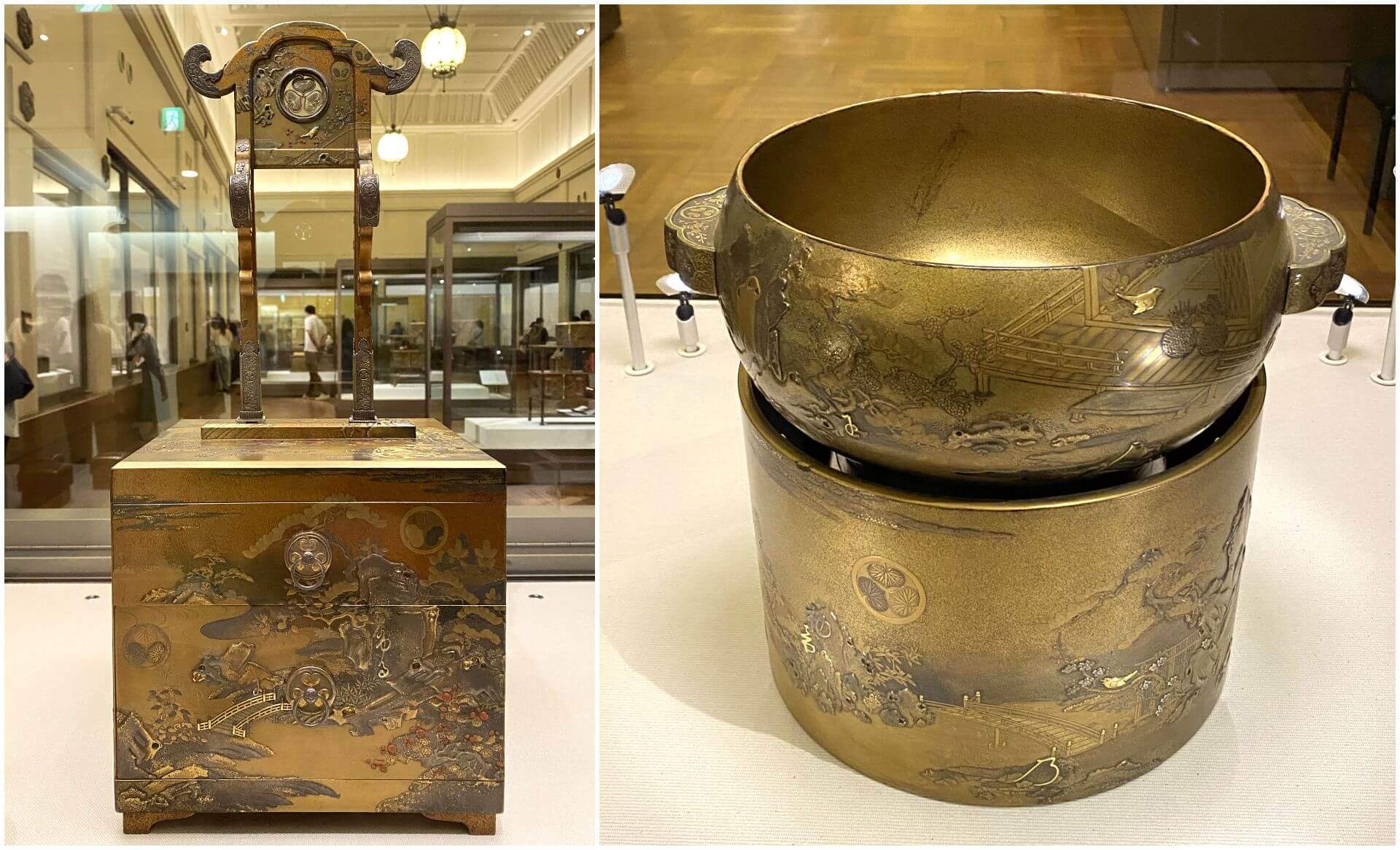 圖4左 《初音蒔繪鏡台》，江戶時代 1639年，高62.0、縱27.5、橫27.5公分，德川美術館藏。（攝影／顏子軒）圖5右 《初音蒔繪耳盥．輪台》，江戶時代 1639年，耳盥高17.9、徑26.1；輪台高18.9、徑28.0公分，德川美術…