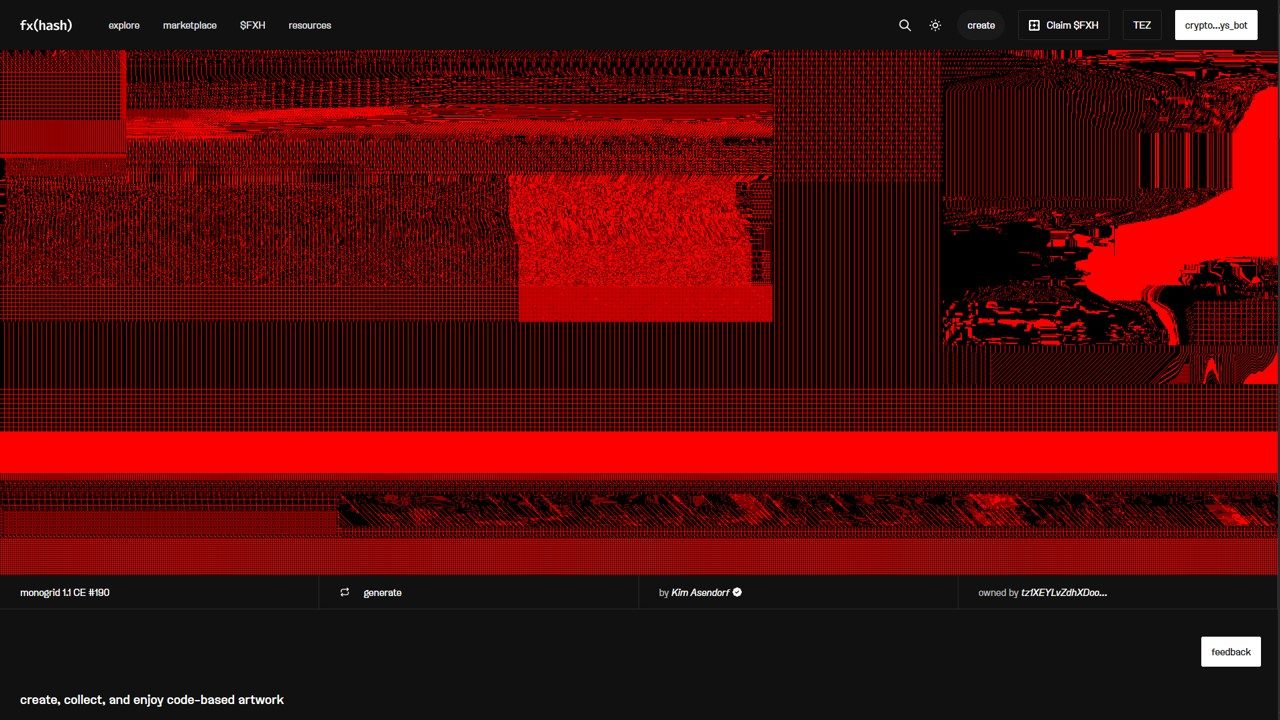 改版過後的 fxhash 首頁，筆者寫稿時正展示著以 Pixel Sorting 聞名的 Kim Asendorf 作品