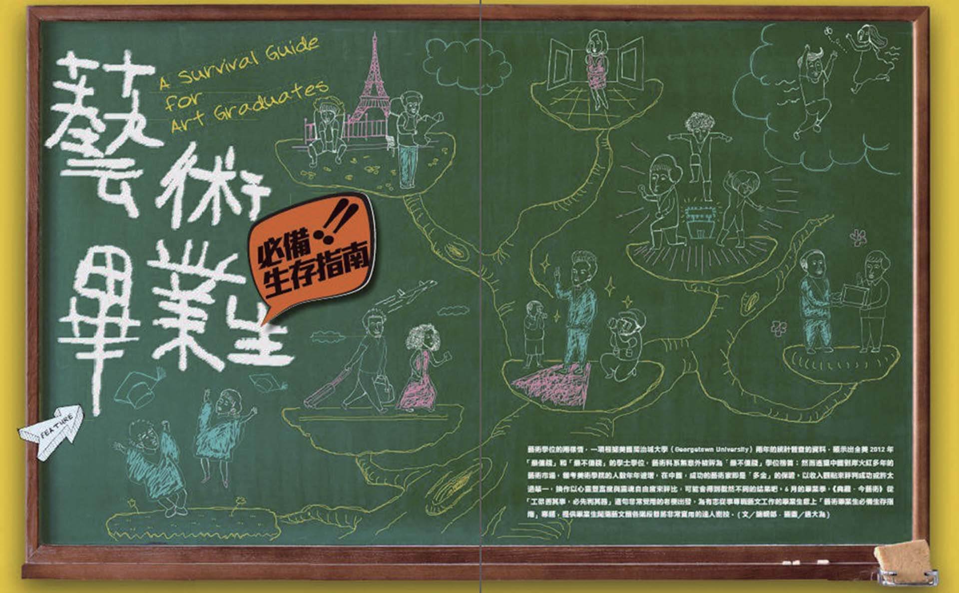 《典藏.今藝術》2012年6月號第237期,以「藝術畢業生必備生存指南」為專題,探討藝術學院教育、海外進修、創作空間經營、藝術駐村、國際舞台發展、補助申請、藝術經紀與職涯轉向等多面向議題。圖為專題開門頁。(本刊資料室)