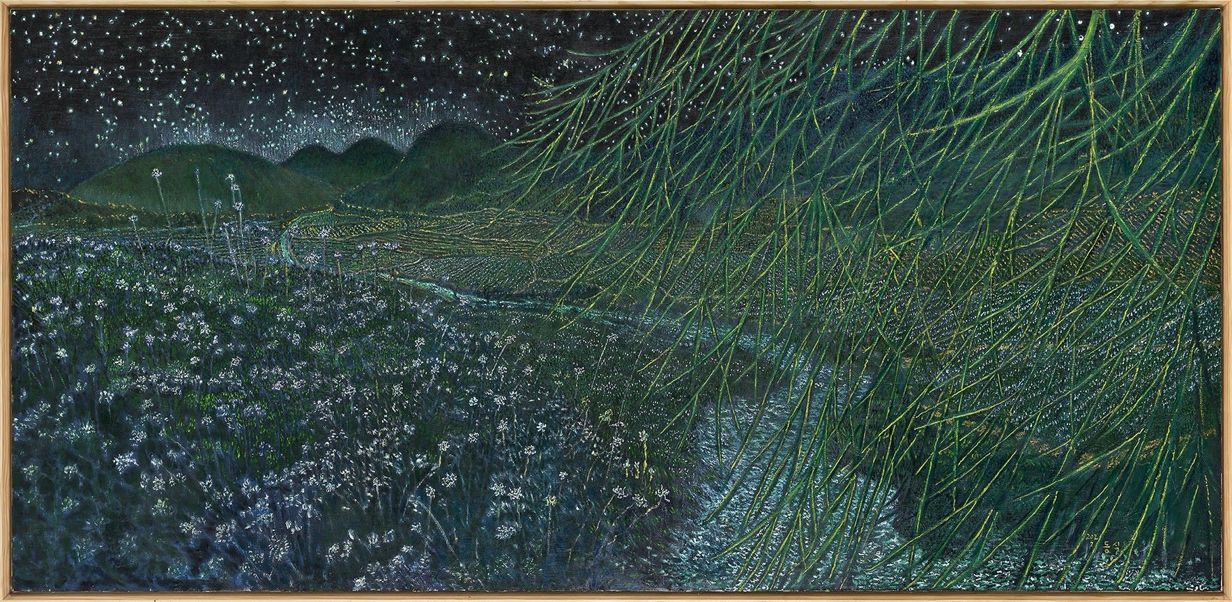Rim Dongsik, Bangchuk-ri overlooking flowers and stars, Oil on canvas, 112 × 232 cm, 2022. © Courtesy of Gana Art