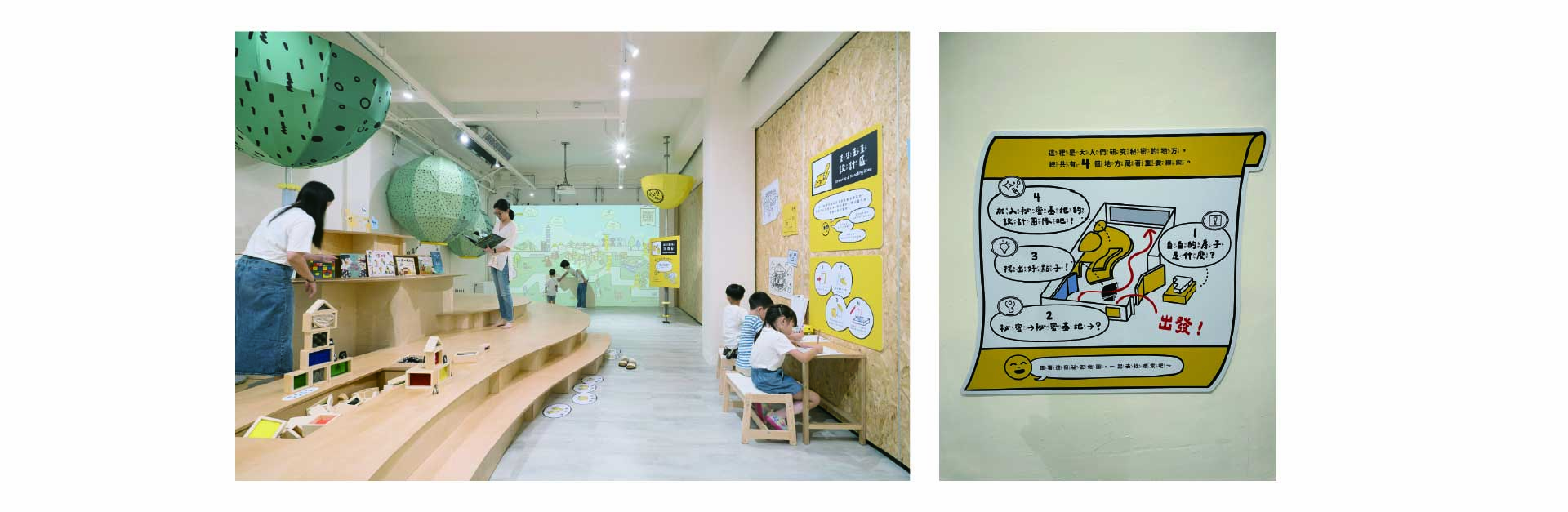 右圖為展場平面圖©老派博粉佳穎拍攝左圖為設計區、繪本區和投影互動牆©國家兒童未來館官網