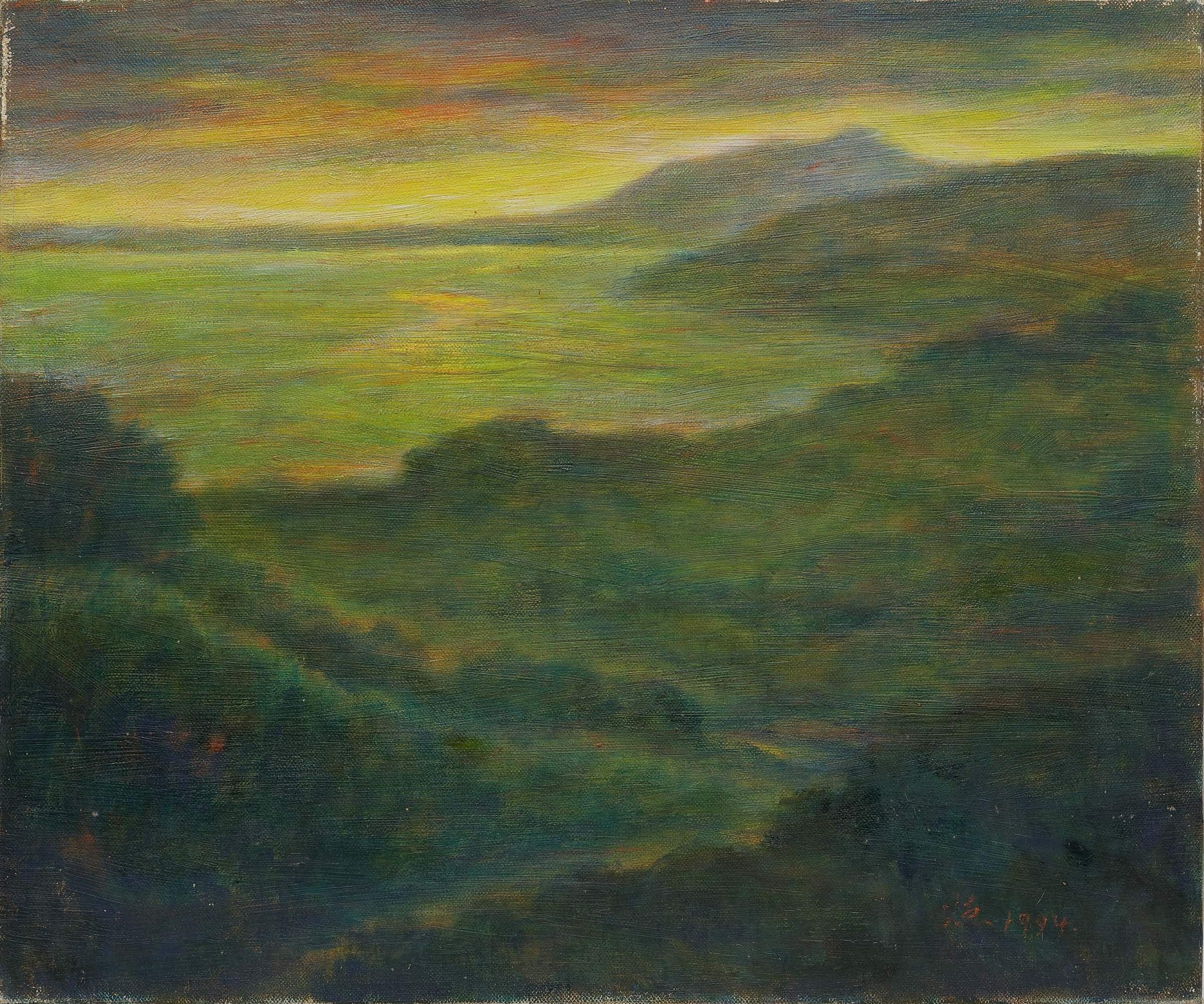 廖德政《殘照(觀音暮色)》，1992，油畫，44.3x 36.8.3 cm。（臺中市立美術館提供）