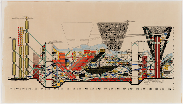彼得．庫克，《插件城市（剖面）》（Plug-in City: Maximum Pressure Area, project (Section)，1964。（圖源：MoMA）