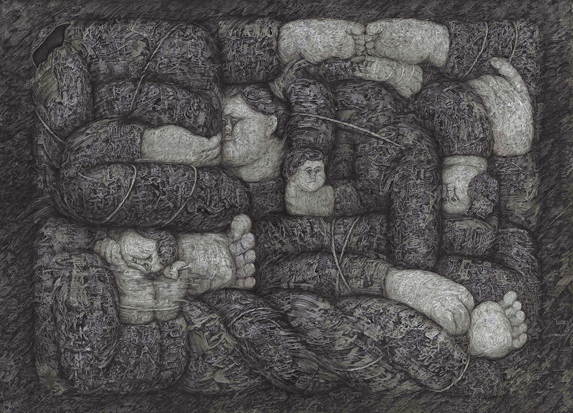 顏妤庭，《捆縛-7》，墨、色鉛筆、日本白麻紙，152×211 cm，2025。（異雲書屋提供，攝影：Vincent Yang）