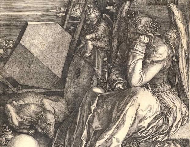 杜勒，憂鬱I，局部，1514。（© Staatliche Museen zu Berlin, Kupfer- stichkabinett / Dietmar Katz, Public Domain Mark 1.0）