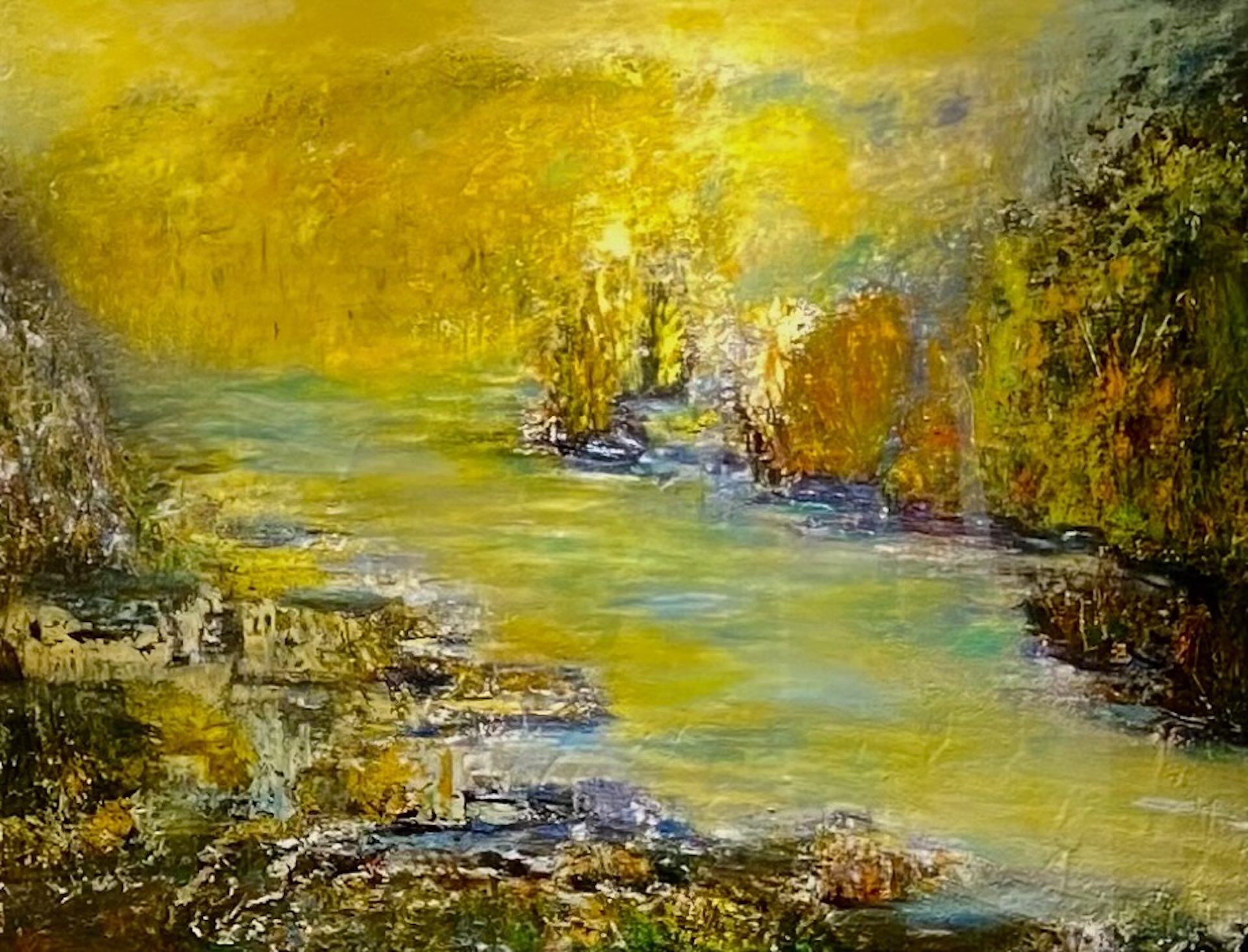 《秋山碧水》，油彩。（黃文棟提供）
