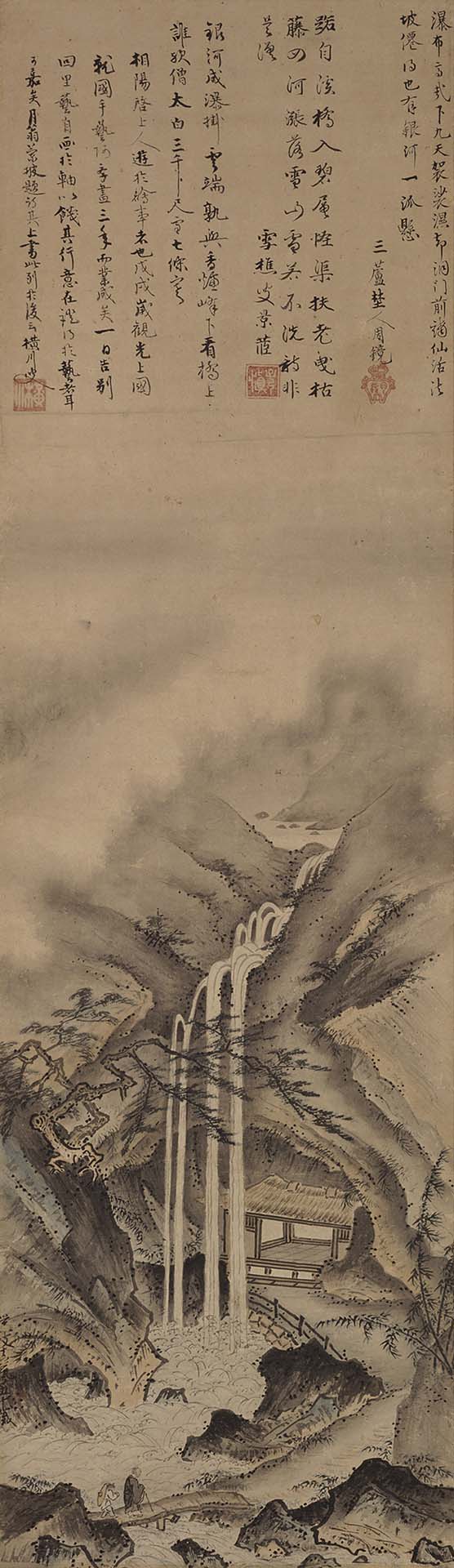 圖14 重要文化財 室町時代 藝阿彌文明十二年（1480）作〈觀瀑圖〉，紙本水墨淡設色，106.9×30.8公分，根津美術館藏。