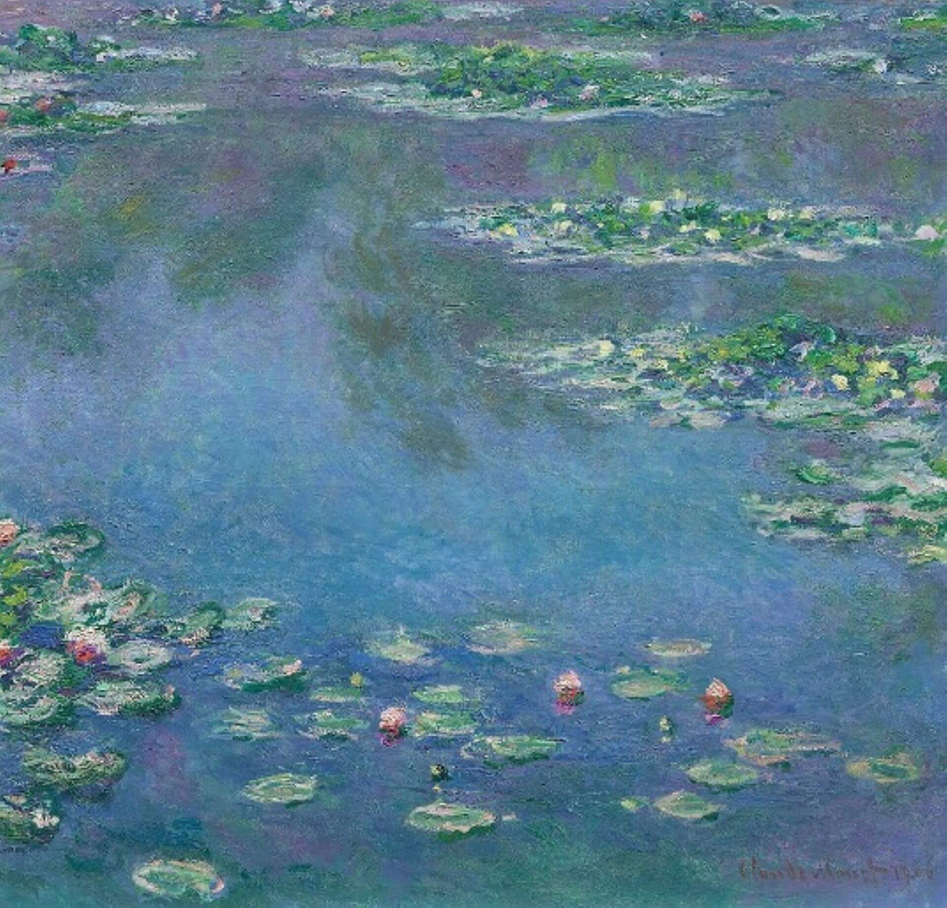 克勞德・莫內（Claude Monet），《睡蓮》（Water Lilies），1906年，油彩畫布， 89.9 × 94.1公分，芝加哥藝術博物館藏。（維基百科）