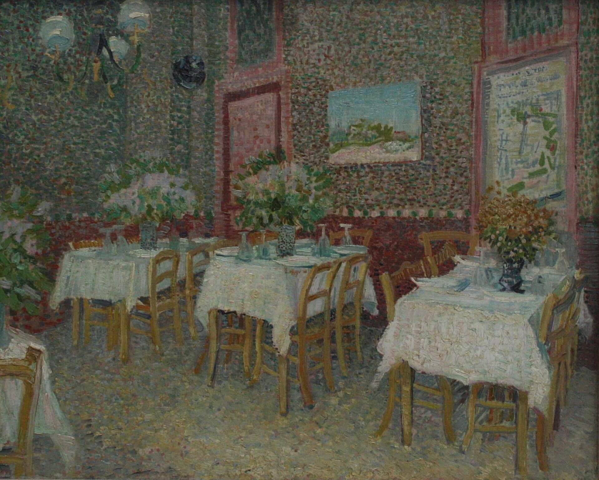 文森・梵谷（Vincent van Gogh），《餐廳內部》（Interior of a Restaurant），1887年，油彩畫布，45.5 × 56公分，庫勒穆勒博物館藏。（維基百科）