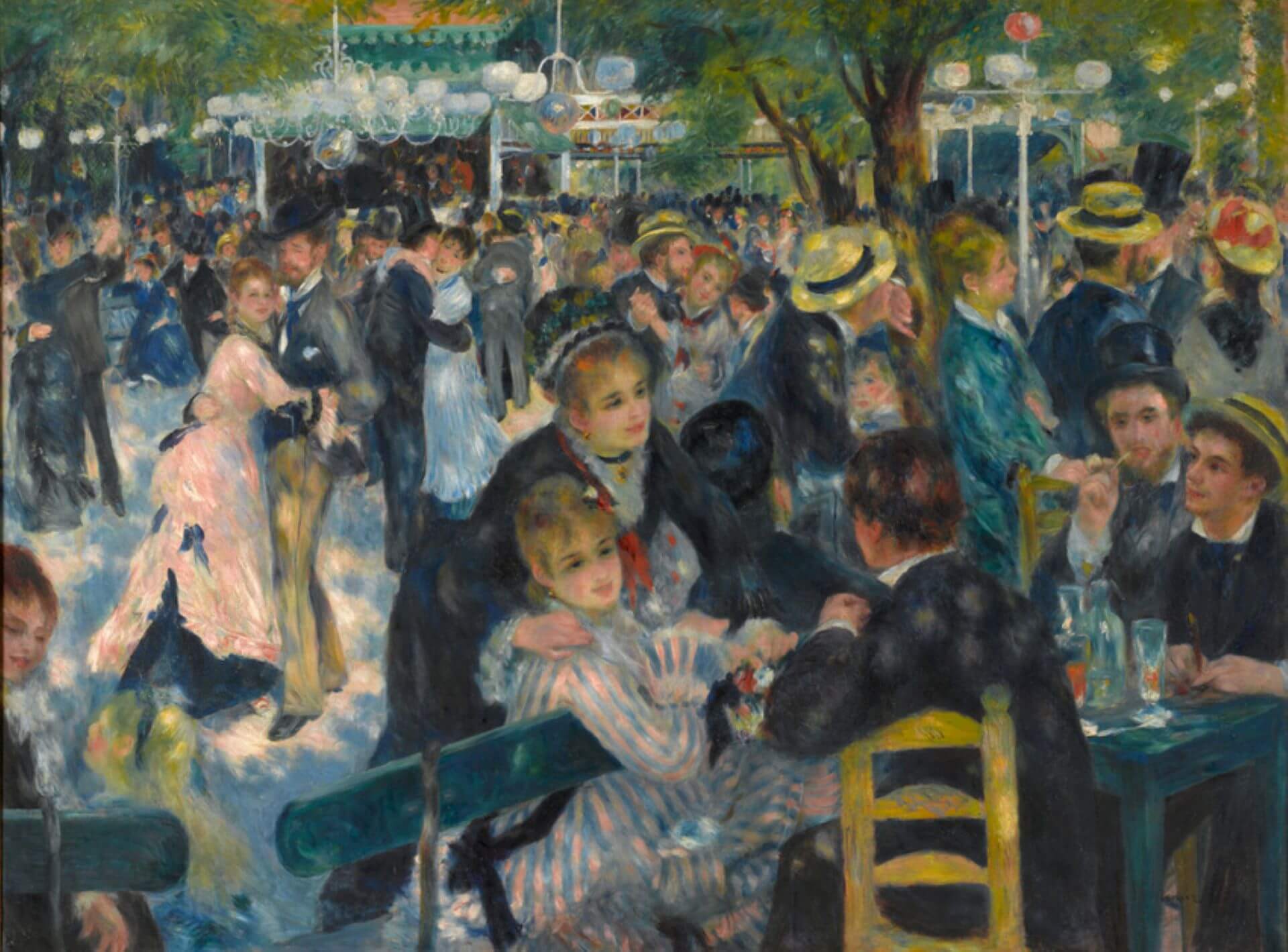 皮耶-奧古斯特・雷諾瓦（Pierre-Auguste Renoir），《煎餅磨坊的舞會》（Bal du moulin de la Galette），1876年，油彩畫布，131 × 175 公分，巴黎奧塞美術館藏。（維基百科）