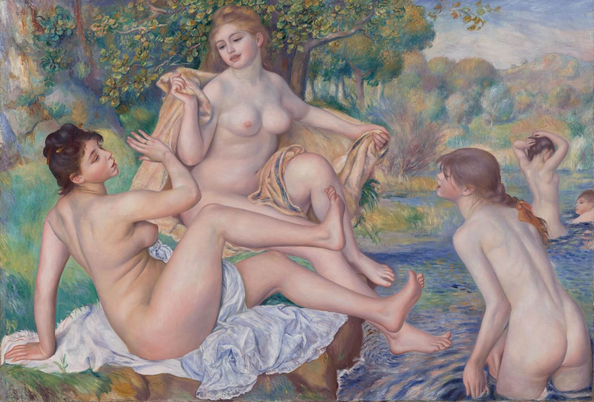 皮耶-奧古斯特・雷諾瓦（Pierre-Auguste Renoir），《浴女》（The Great Bathers），1884–1887年，油彩畫布，115 × 170 公分，費城藝術博物館藏。（維基百科）