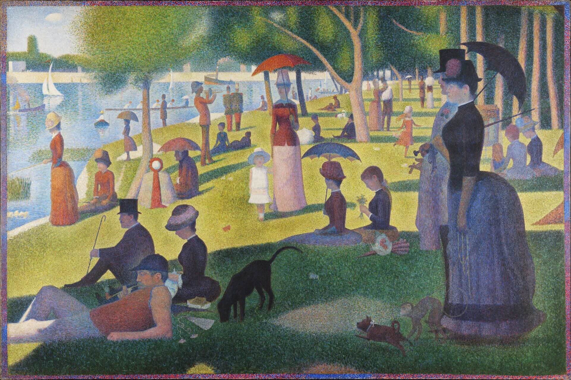 喬治・秀拉（Georges Seurat），《大碗島的星期日下午》（Un dimanche après-midi à l’île de la Grande Jatte），1884–1886年，油彩畫布，207.6 × 308 公…
