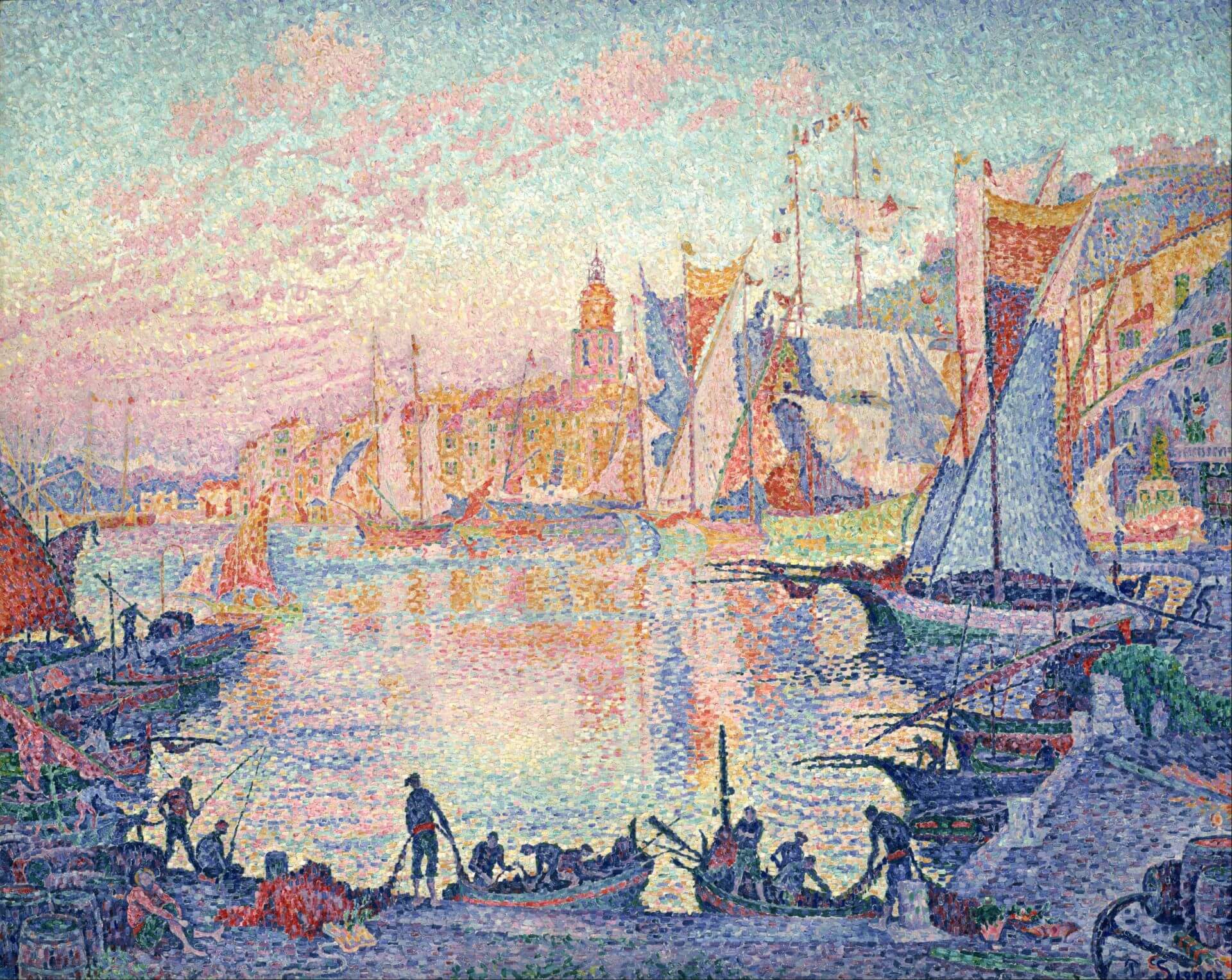 保羅．西涅克（Paul Signac），《聖卓佩茲港》（The Port of Saint-Tropez），1901–1902年，油彩畫布，131 × 161.5 公分，東京國立西洋美術館藏。（維基百科）