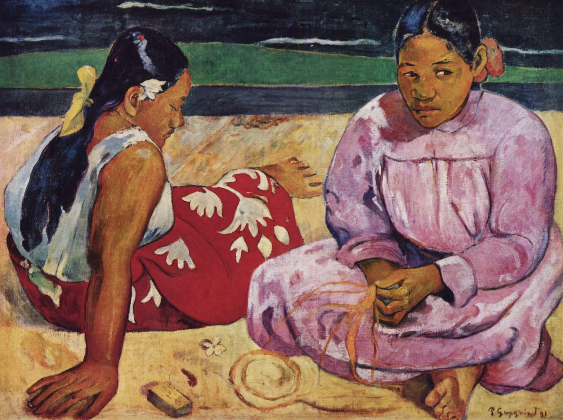 保羅・高更（Paul Gauguin），《沙灘上的大溪地女人》（Femmes de Tahiti），1891年，油彩畫布，69 × 91公分，巴黎奧塞美術館藏。（維基百科）