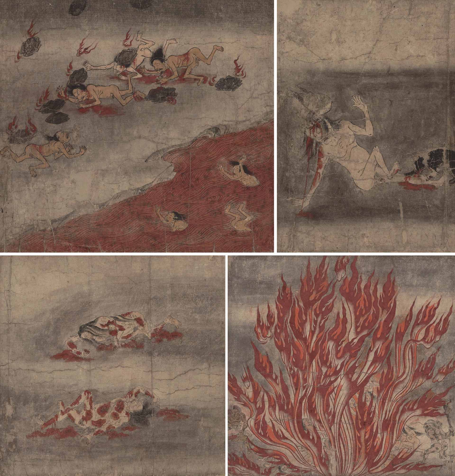 上左 國寶 平安時代 12 世紀〈地獄草紙〉「 髮 火 流 」局 部,紙 本 設 色 墨 書,26.5×454.7公分,東京國立博物館藏。上右 國寶 平安時代 12 世紀〈地獄草紙〉「 火 末 蟲 」局 部,紙 本 設 色 墨 書,26.5…