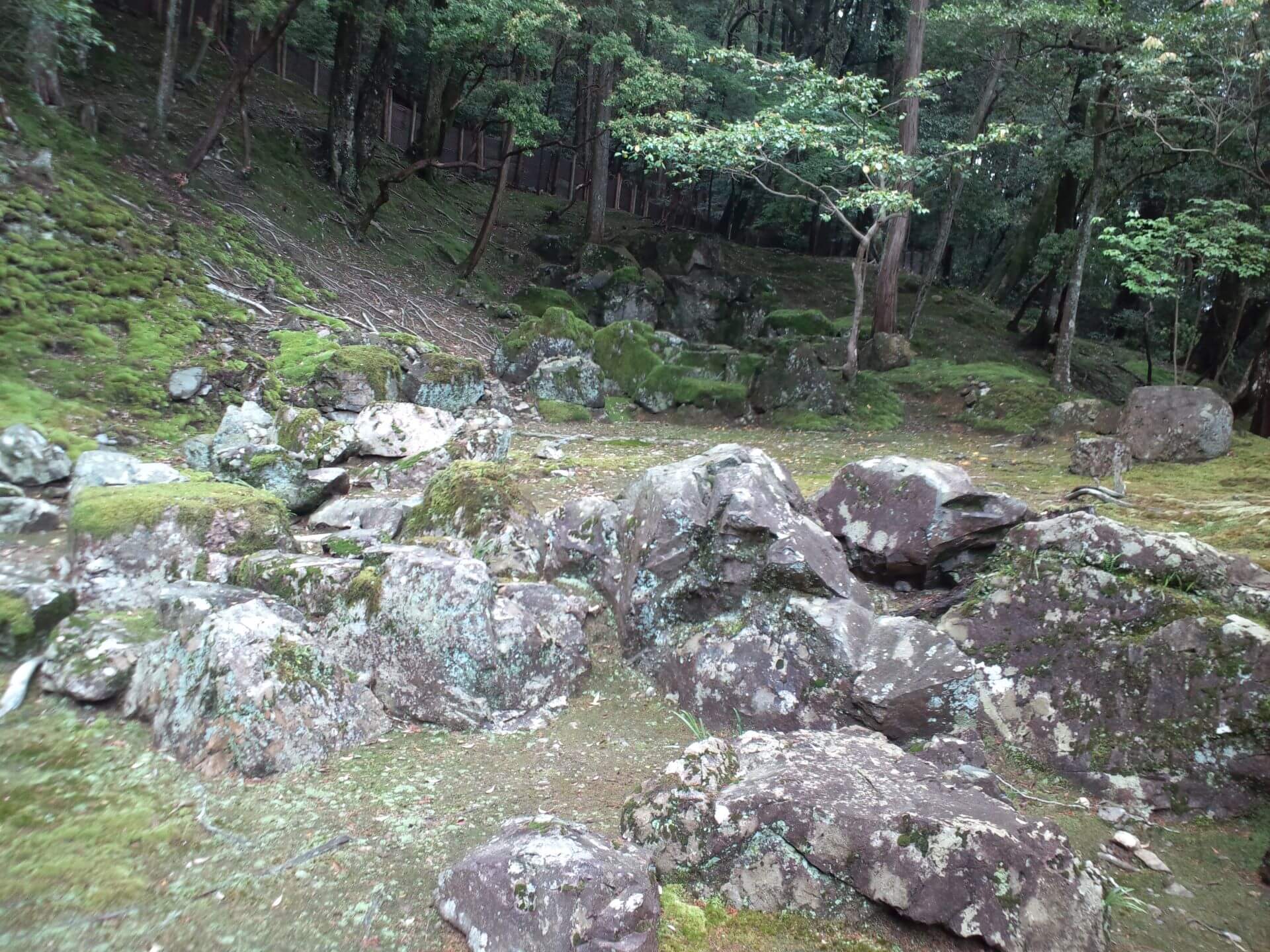 西芳寺上段枯山水的「枯滝石組」，表現旱瀑布，被視為「枯山水」庭園發展的起點。（攝影／朱佑霖）