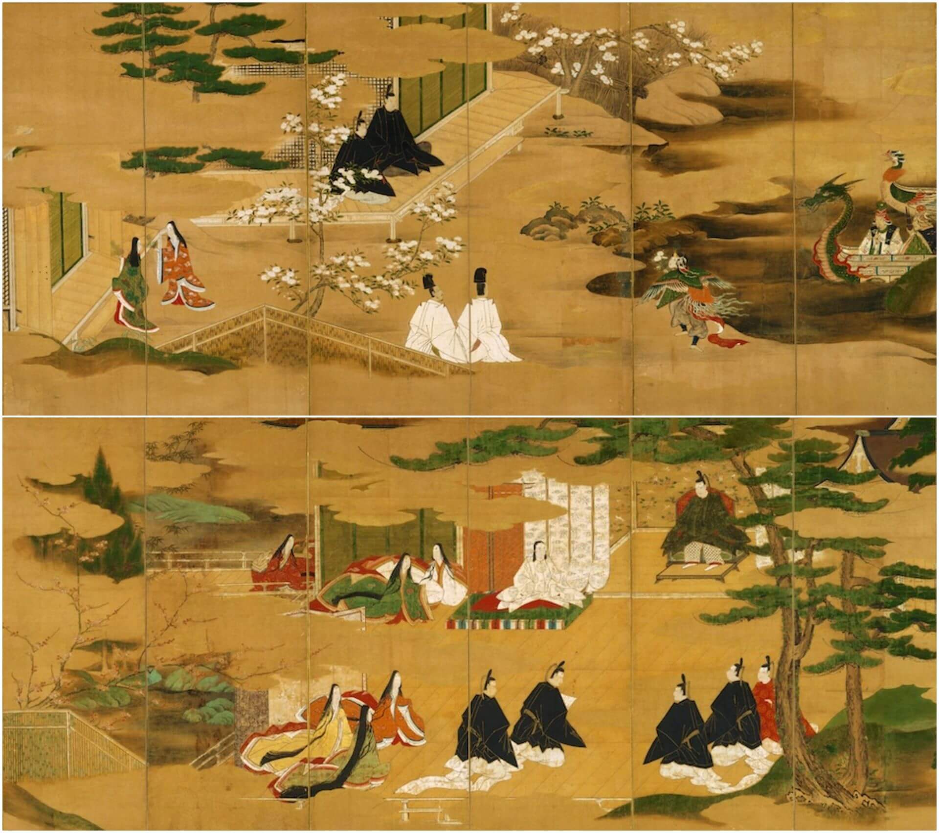 江戶前期 狩野派《源氏物語圖屏風》（六曲一雙），紙本設色，155.6×347.7公分，東京富士美術館藏。（©東京富士美術館）