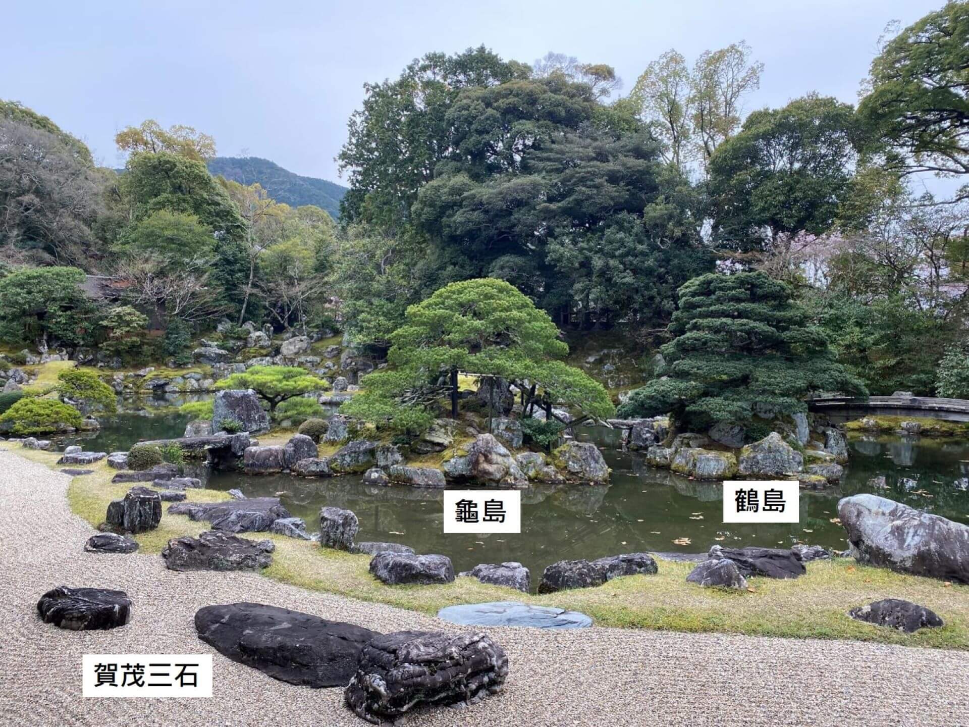 醍醐寺三寶院中的龜島和鶴島，代表了長壽與吉祥，是桃山時代庭園常見的吉兆設計。龜島上還長著一棵據說有600年樹齡的日本五葉松，右側鶴島的松樹下，有塊像鶴羽的石頭。賀茂三石為知名園藝師賢庭的傑作，演繹京都鴨川流水「湍急、靜止、飛濺」的三種樣態。…
