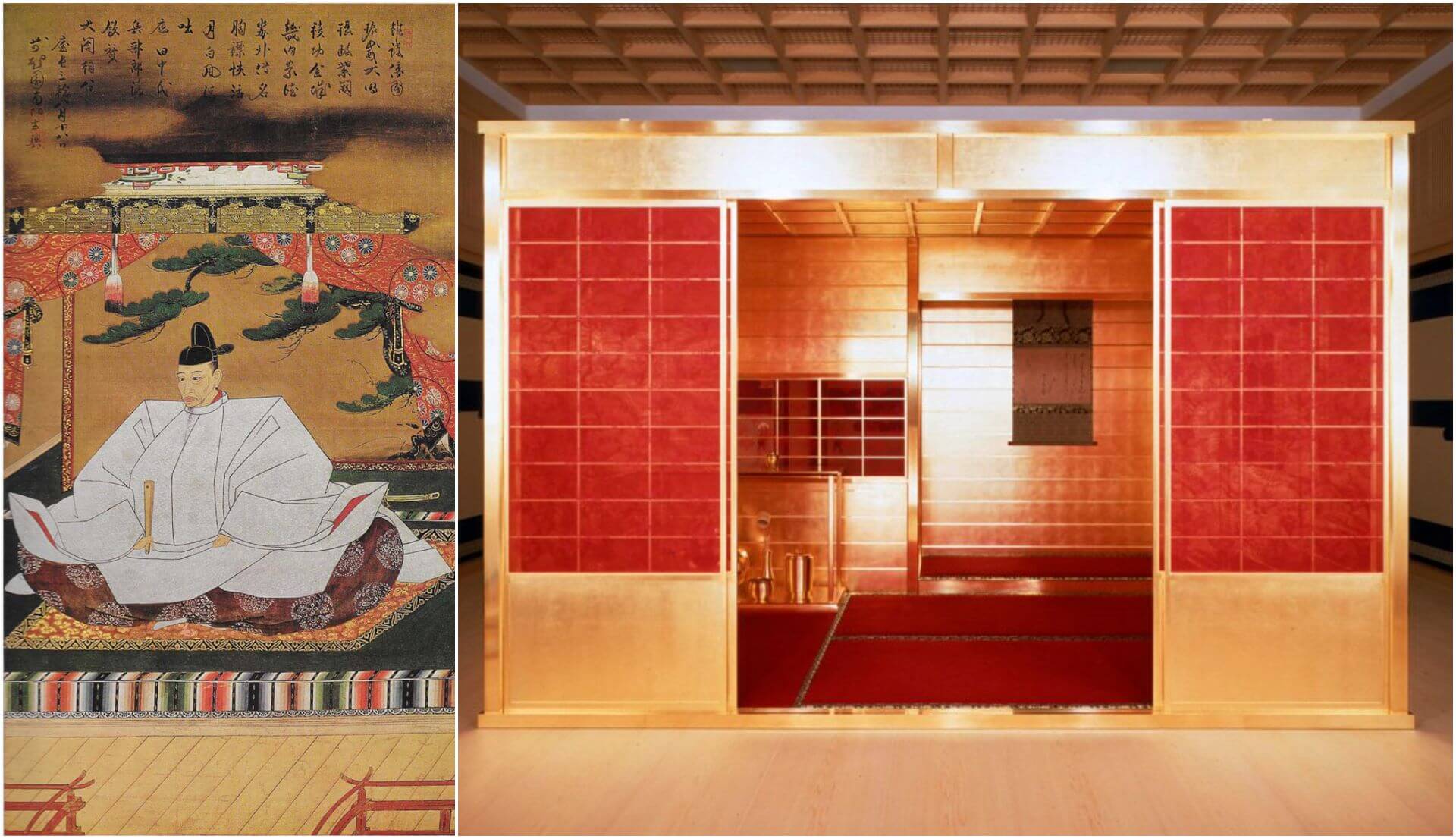 左圖 重要文化財 狩野光信，《豐臣秀吉像》，1598，京都高台寺藏。（維基百科）；右圖 豐臣秀吉於1586年新年在京都皇宮建造的移動式黃金茶室的複製品。（© MOA美術館）