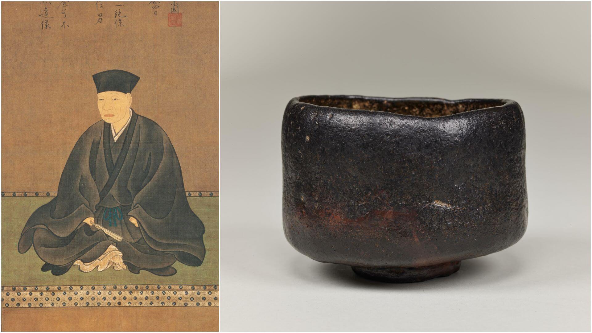 左圖 長谷川等伯，《千利休像》。（public domain) 右圖 桃山時代（16世紀）， 黑樂茶碗 銘「尼寺」，為千利休所追求的「侘寂」美學，東京國立博物館。（©colbase）