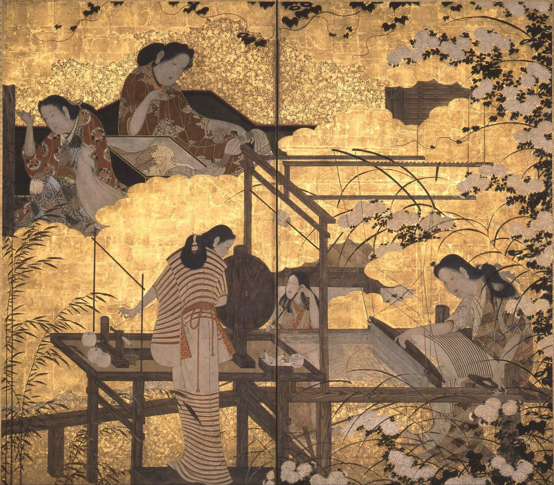 江戶時代17世紀，《織布屏風》，MOA藝術博物館藏。（維基百科）