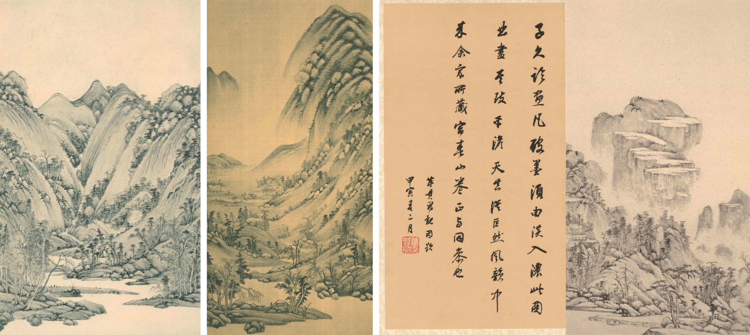 左：圖2 明代董其昌題王時敏畫〈小中現大〉冊第8幅，台北國立故宮博物院藏。中：圖3 明代董其昌題王時敏畫〈小中現大〉冊第16幅，台北國立故宮博物院藏。右：圖4 明代董其昌題王時敏畫〈小中現大〉冊第18幅，台北國立故宮博物院藏。