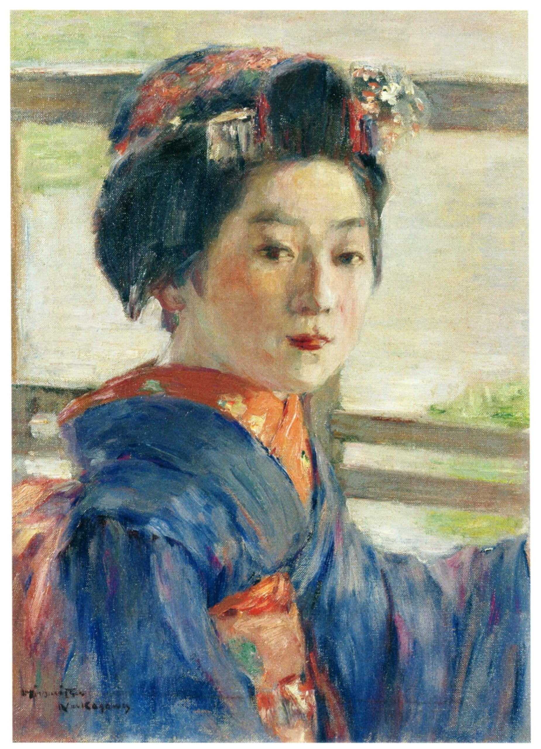 圖6 中澤弘光《舞子》，明治後期，油彩畫布，44.2 × 32.0公分，府中市美術館藏。引自東京都美術館編，《Frontiers of Impressionism Paintings from Worcester Art Museum》（東…