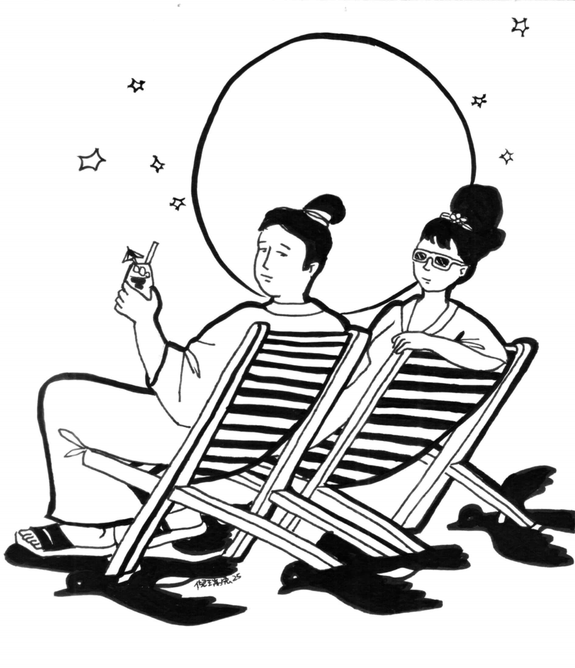 倪瑞宏繪畫線圖《牛郎織女七夕相見渡假 》，2025。（倪瑞宏提供）