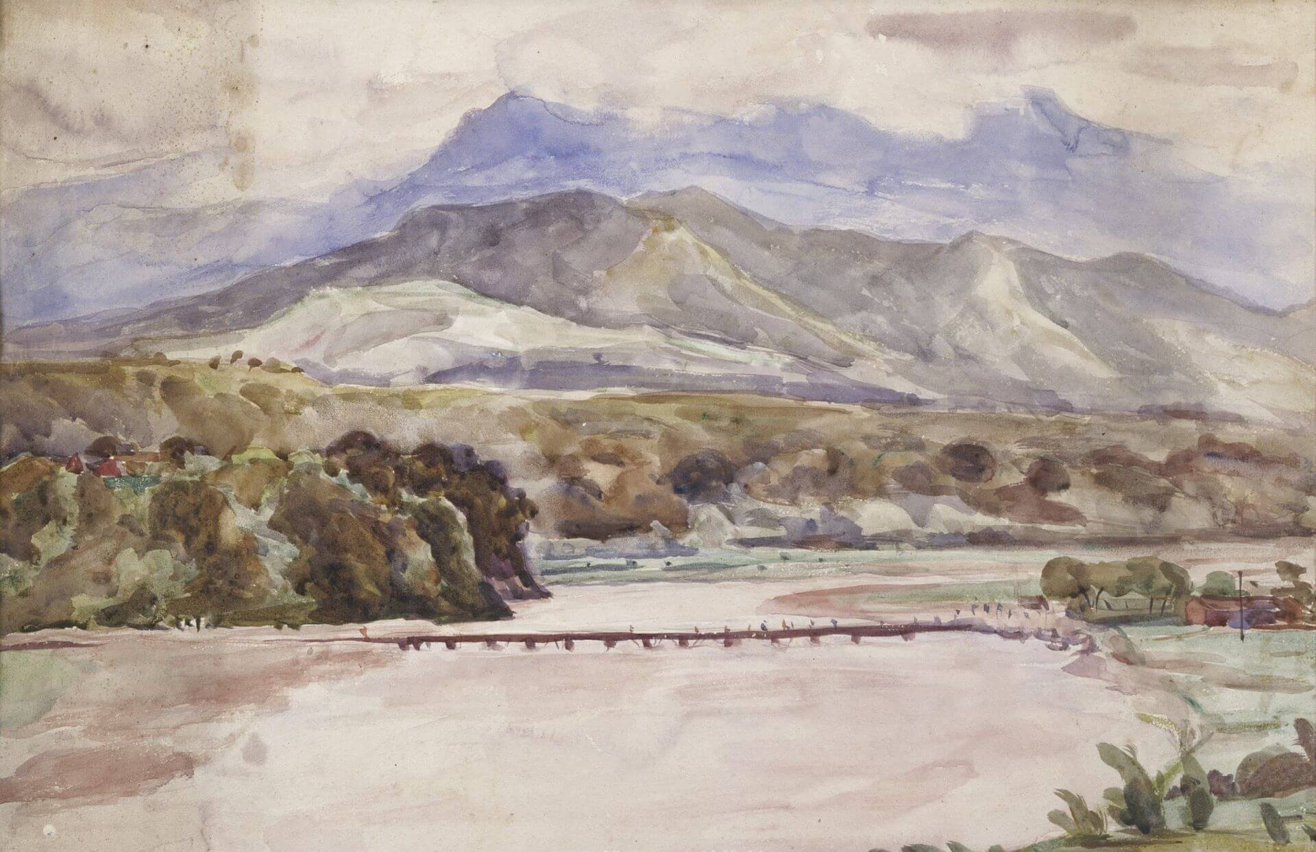 邱創乾，《飛橋臥波》，1920-1934，紙本水彩，48×32公分，桃園市立美術館。（《鄉土知音：八德書畫家邱創乾紀念展》，1999）