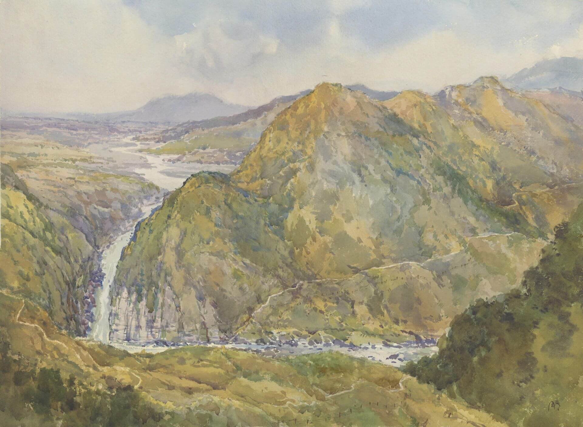 1910年石川欽一郎受命繪製的《台灣蕃地見取圖》。有別於邱創乾從大溪往蕃地遠望取景，隨軍視察隘勇線的石川，則從桃園石門反過來遠眺大溪河階。石川欽一郎，《台灣蕃地見取圖》，1910，紙本水彩，日本宮內廳公文書館。（書陵部所藏資料目錄畫像公開系…