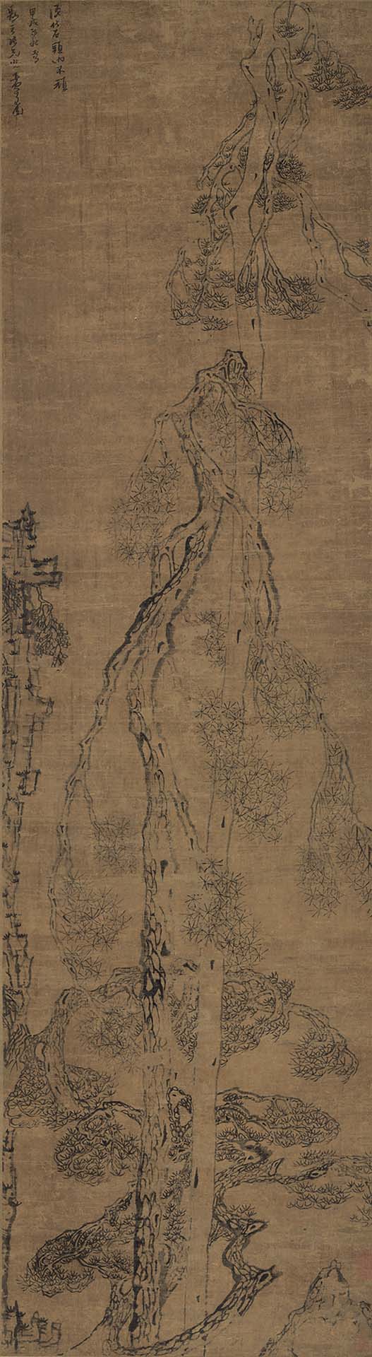 圖6 明 黃道周1634年作〈松石圖〉，絹本水墨，173.5×48.2公分，香港藝術館至樂樓藏品。