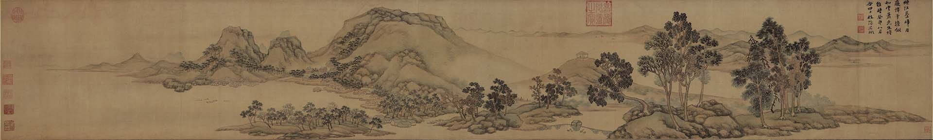 圖7 明 吳彬1603 年作〈煙江疊嶂圖〉，絹本水墨設色，38.3×253.7公分，香港藝術館至樂樓藏品。