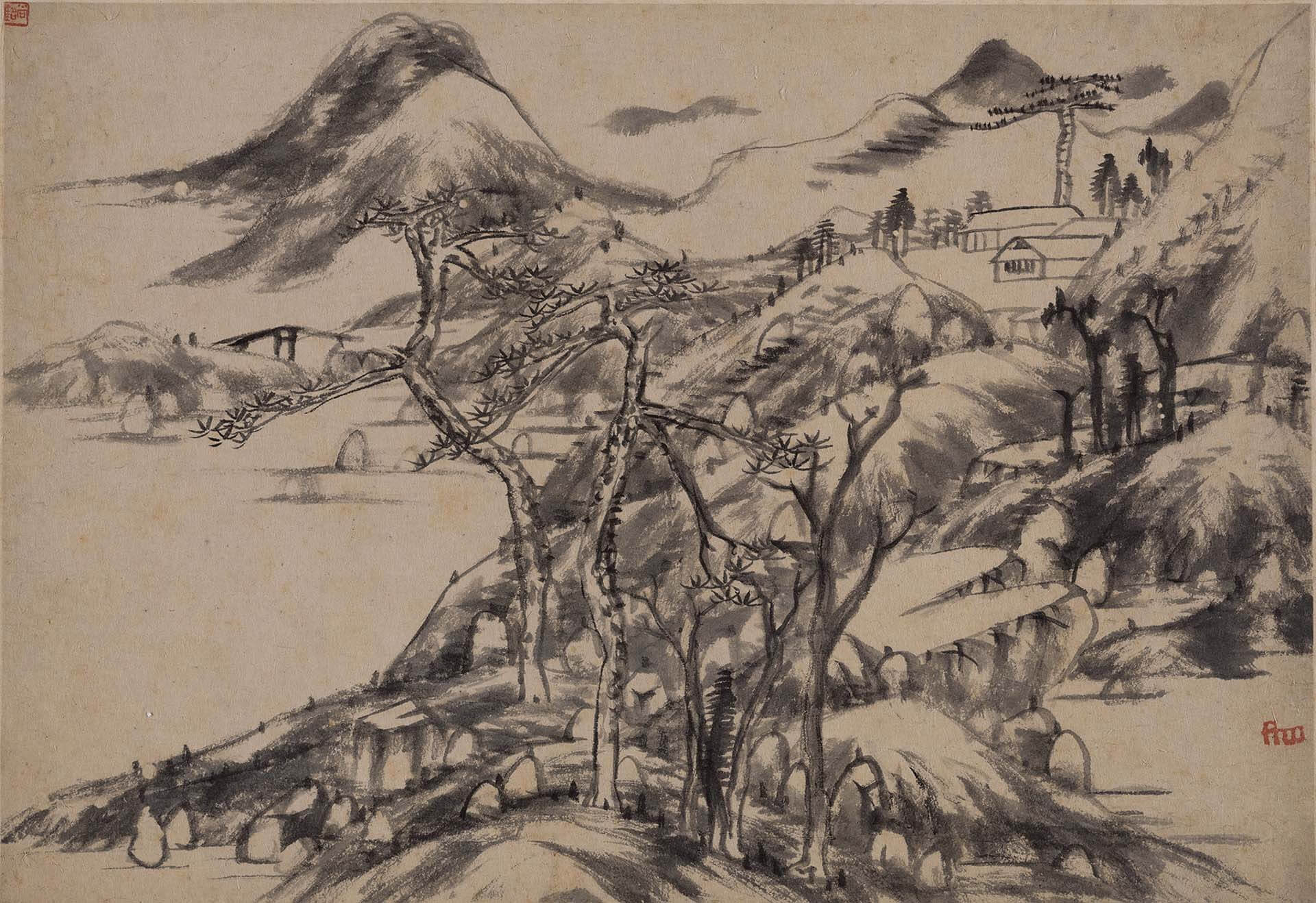 圖8 明至清 朱耷1697年作《山水冊》其中一開，紙本水墨設色，各23.5×34.2公分，香港藝術館至樂樓藏品。
