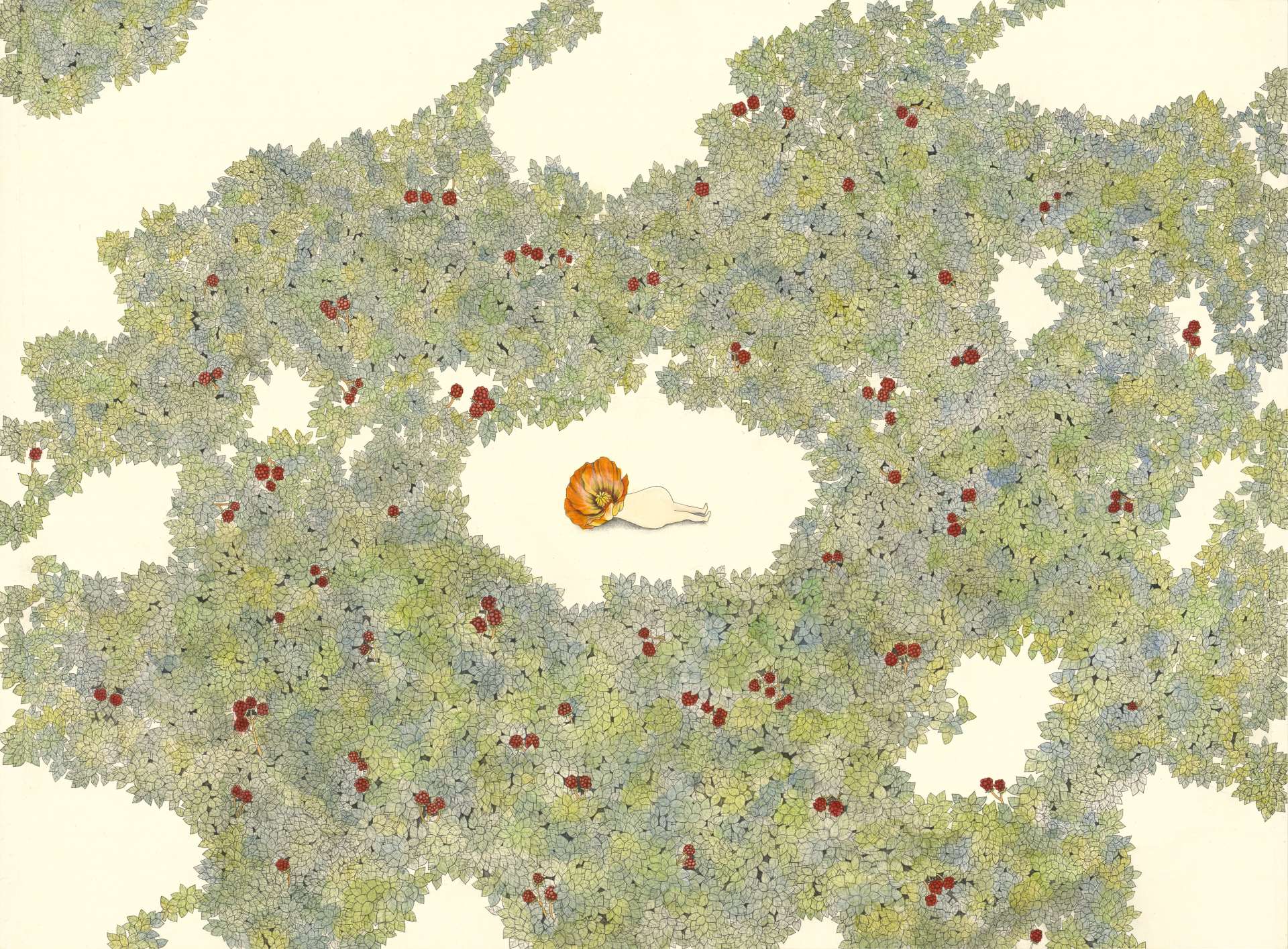 一名身體渾圓，雙腳小巧的角色「芽靈」躺臥其中。圖為陳顥勻的《薄荷綠洲》。（國立新竹生活美學館提供）