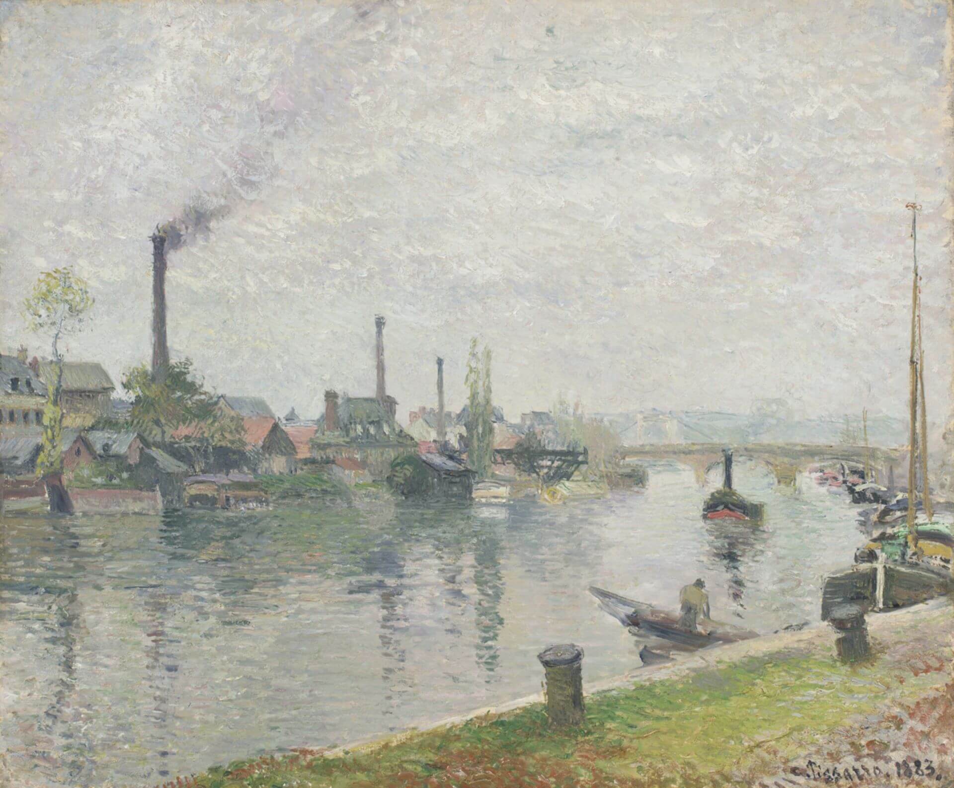 畢沙羅（Camille Pissarro）《魯昂的拉克魯瓦島》（Lacroix Island at Rouen），1883，油彩畫布，53.4×65.5公分，伍斯特美術館藏。（Wikimedia Commons）