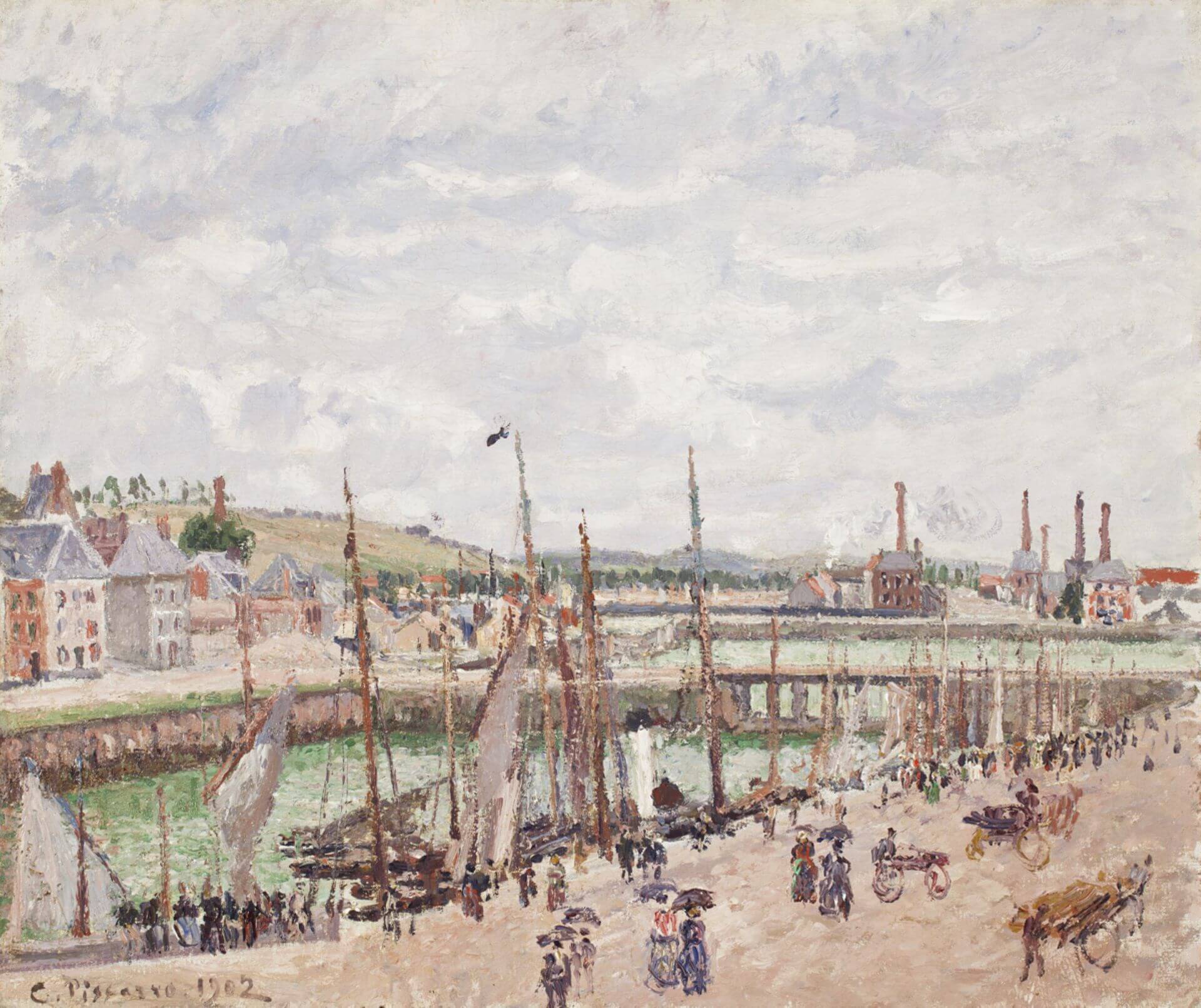 畢沙羅（Camille Pissarro）《迪耶普的迪凱訥與貝里尼船塢，陰天》（The Duquesne and Berrigny Bassins at Dieppe, Overcast Weather），1902，油彩畫布，52.1×64…