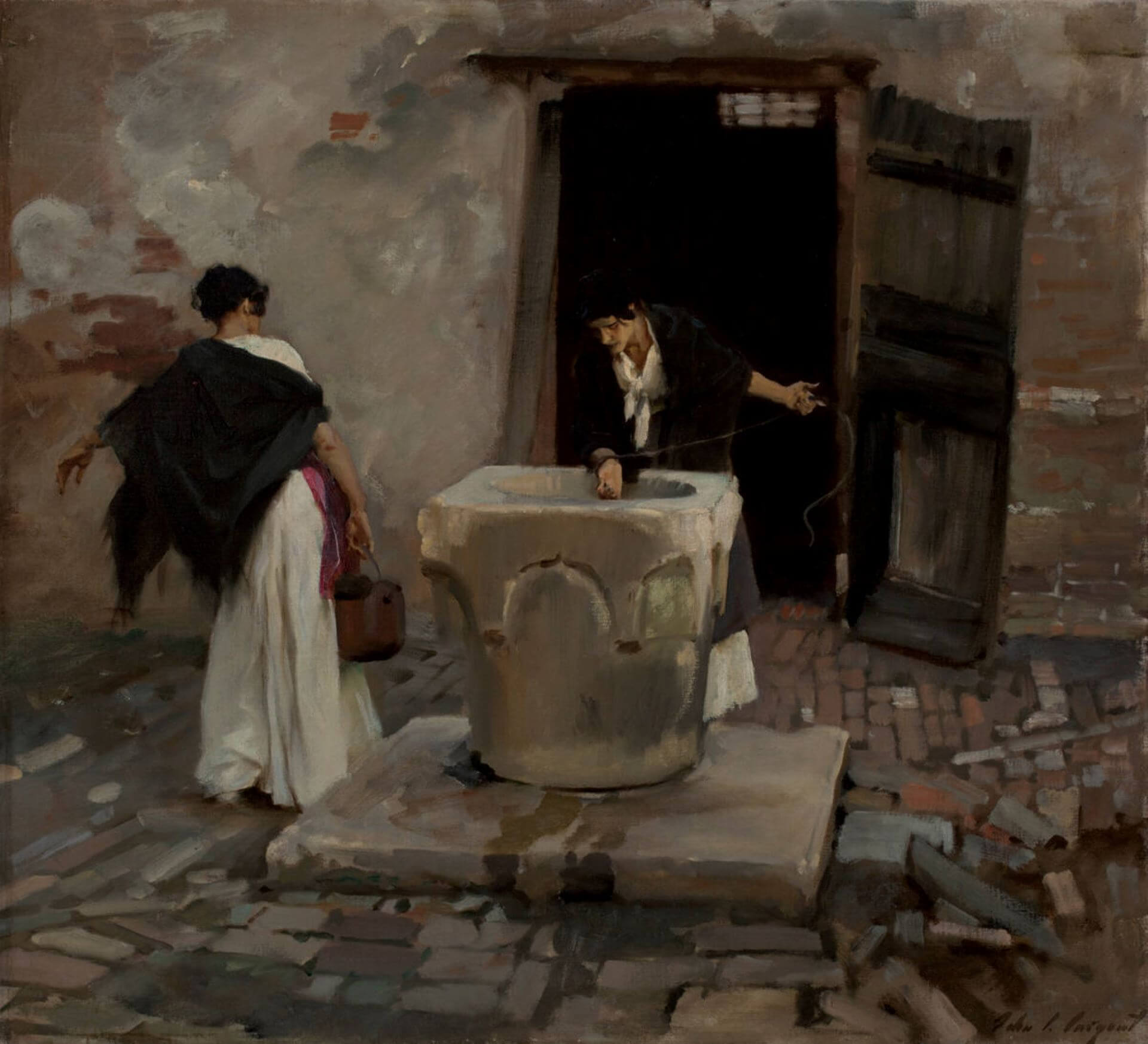 薩金特（John Singer Sargent）《威尼斯運水工》（Venetian Water Carriers），1880-1882，油彩畫布，64.5×70.6公分，伍斯特美術館藏。（伍斯特美術館典藏資料庫）