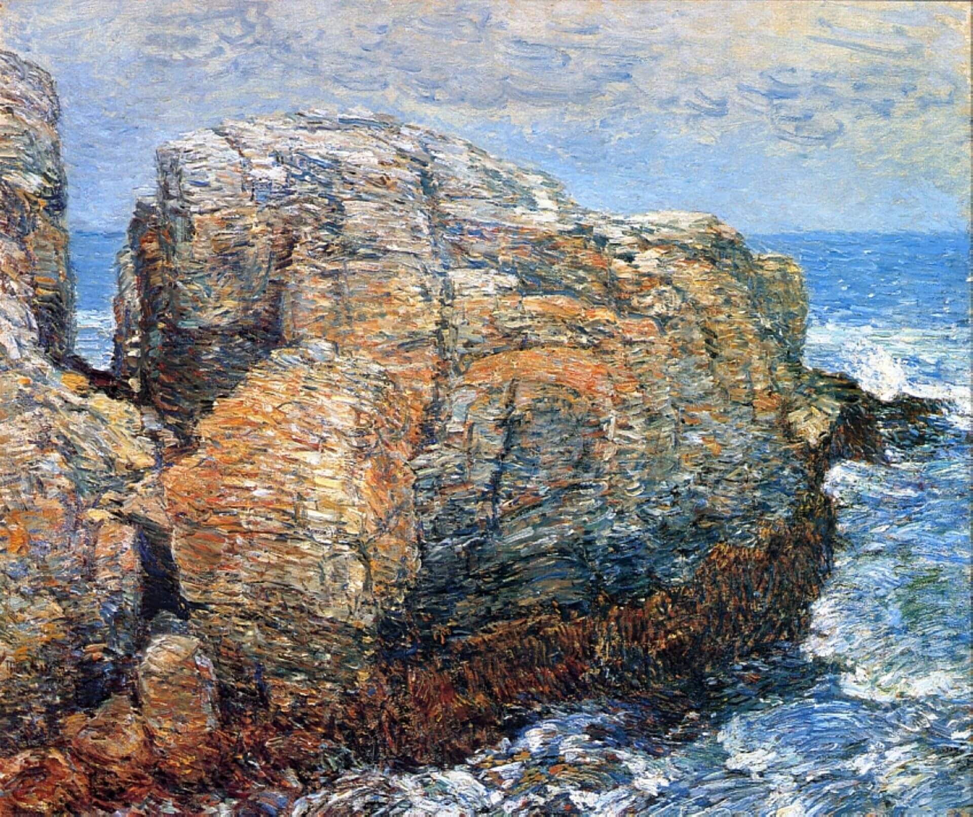 哈薩姆（Childe Hassam）《精靈岩，蘋果多爾島》（Sylph’s Rock, Appledore Island），1907，油彩畫布，63.5×76.2公分，伍斯特美術館藏。（Wikiart）